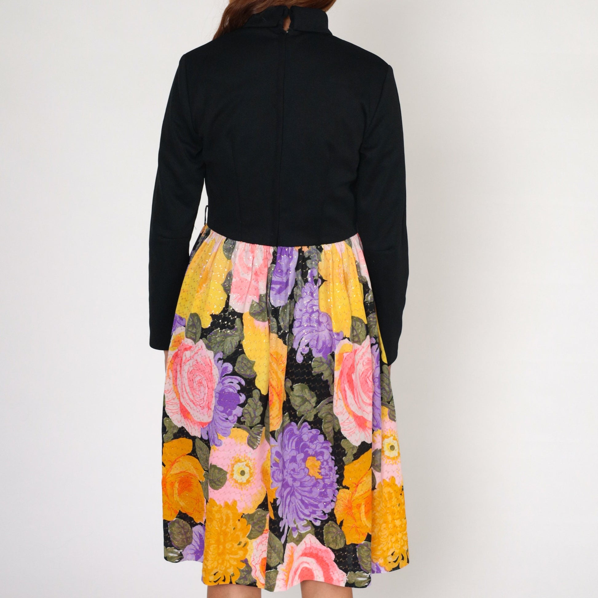 70s Metallic Floral Midi Dress Black Turtleneck Long Sleeve High Waisted Medium