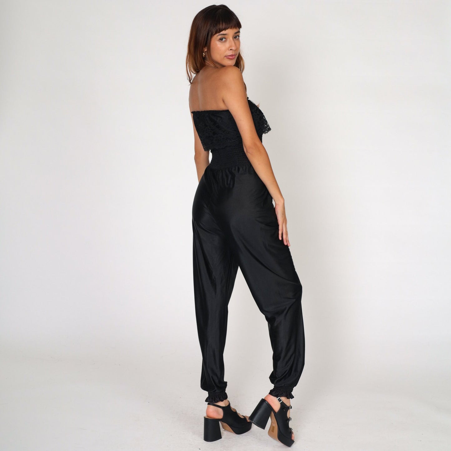 80s Black Nylon Lingerie Jumpsuit Strapless Smocked Lace High Waist Extra Small