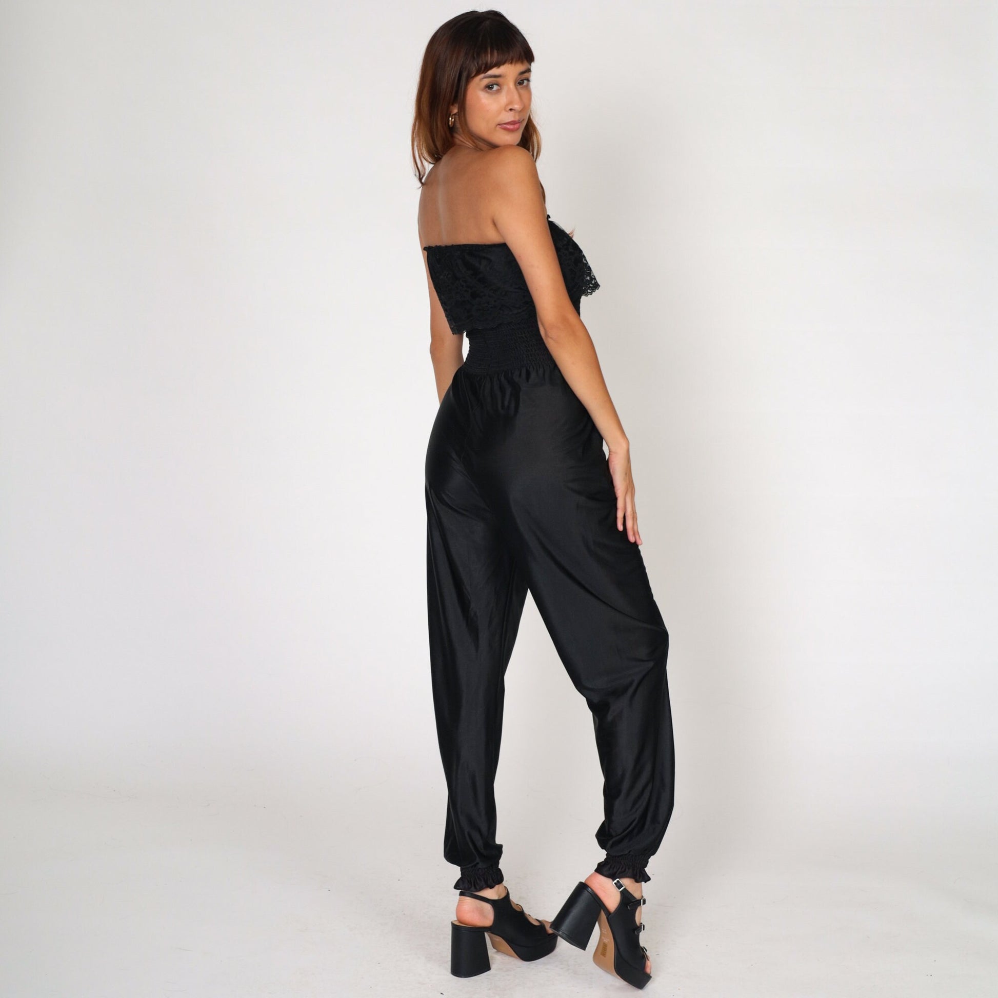 80s Black Nylon Lingerie Jumpsuit Strapless Smocked Lace High Waist Extra Small