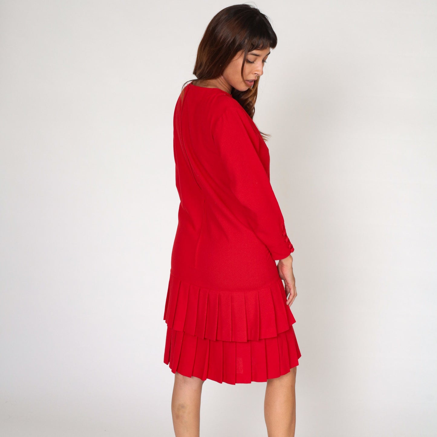 90s Red Mini Dress Drop Waist Pleated Tiered Long Sleeve Shift Small S