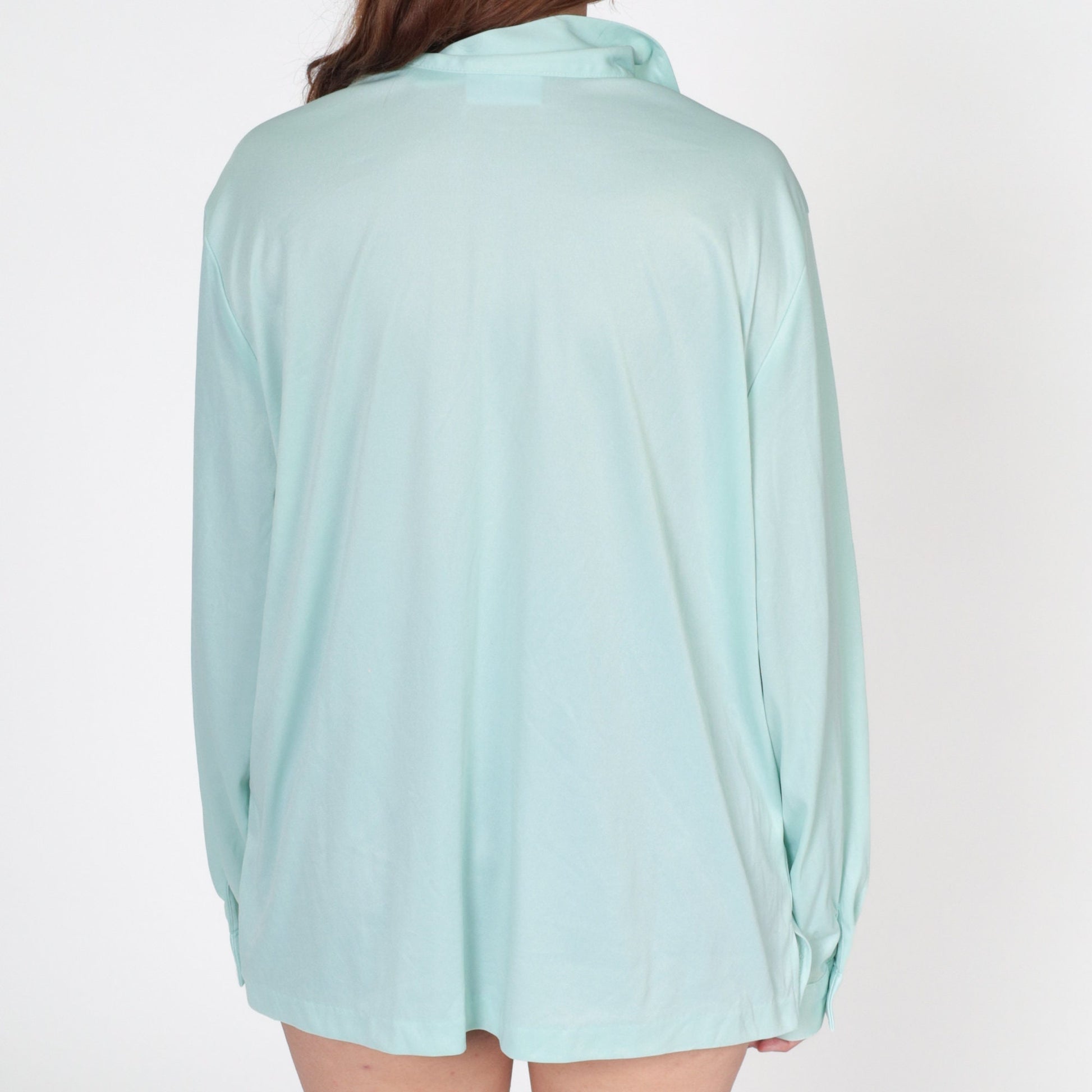 Y2K Mint Blue Button-Up Blouse Long Sleeve 00s Collared Plus Size XXL