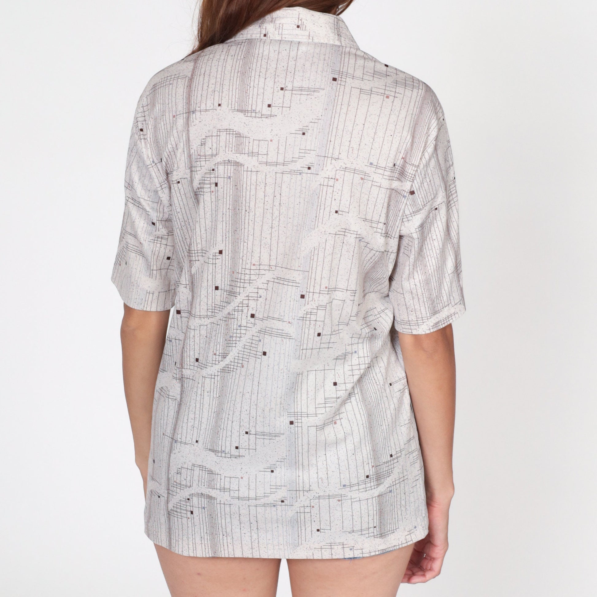 70s Mister California Striped Button Up Shirt White Brown Pointed Collar Medium