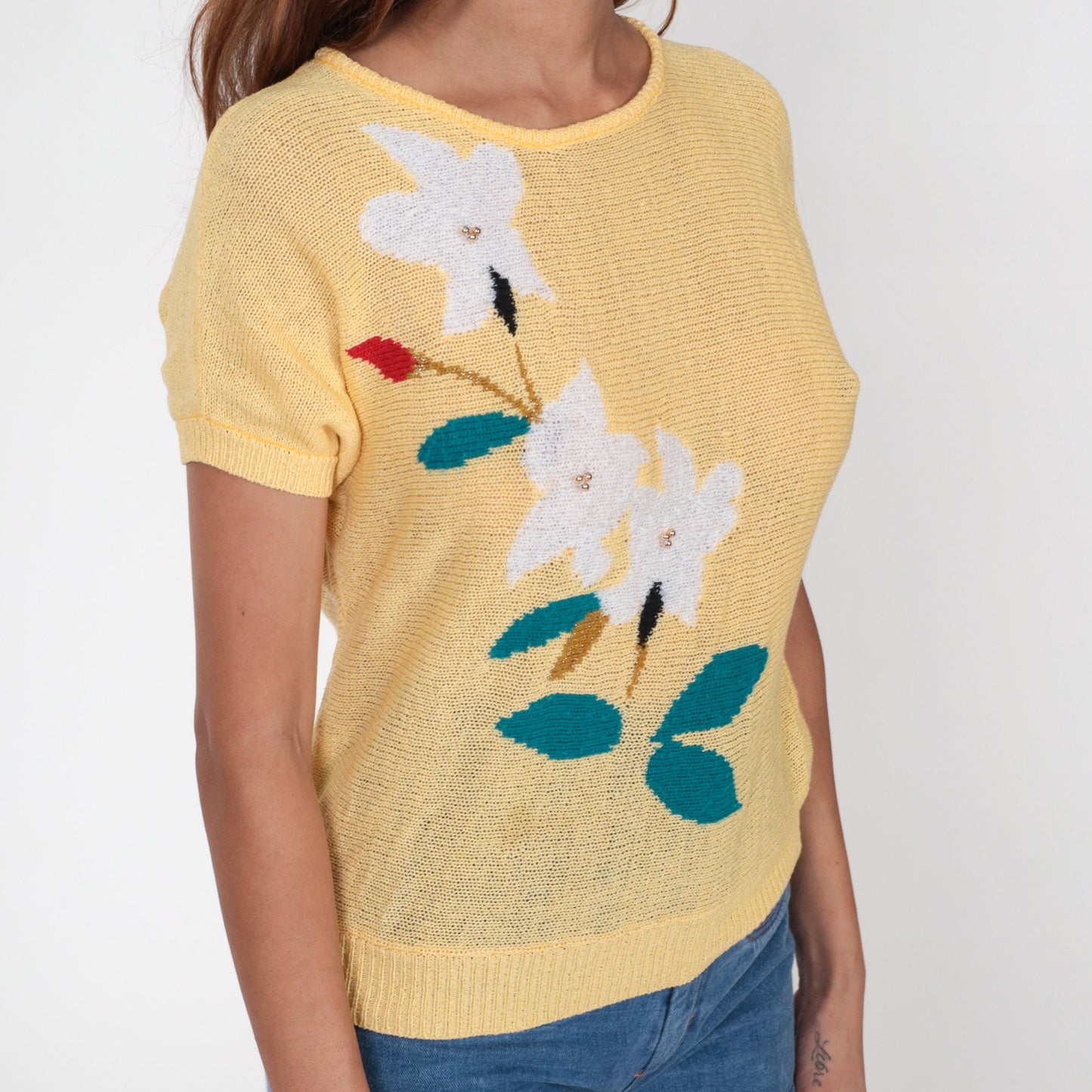 80s Beaded Floral Yellow Knit Top Short Sleeve Slouchy Blouse Extra Small XS