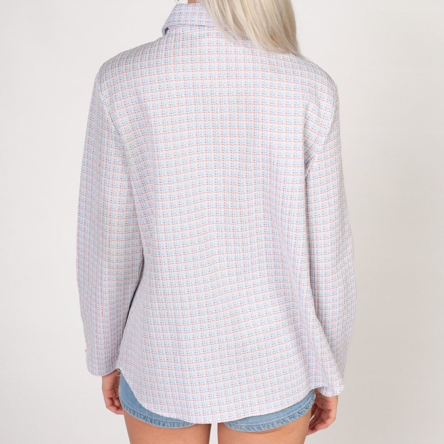 70s Checkered Button-Up Blouse Long Sleeve Pointed Collar White Coral Blue Small