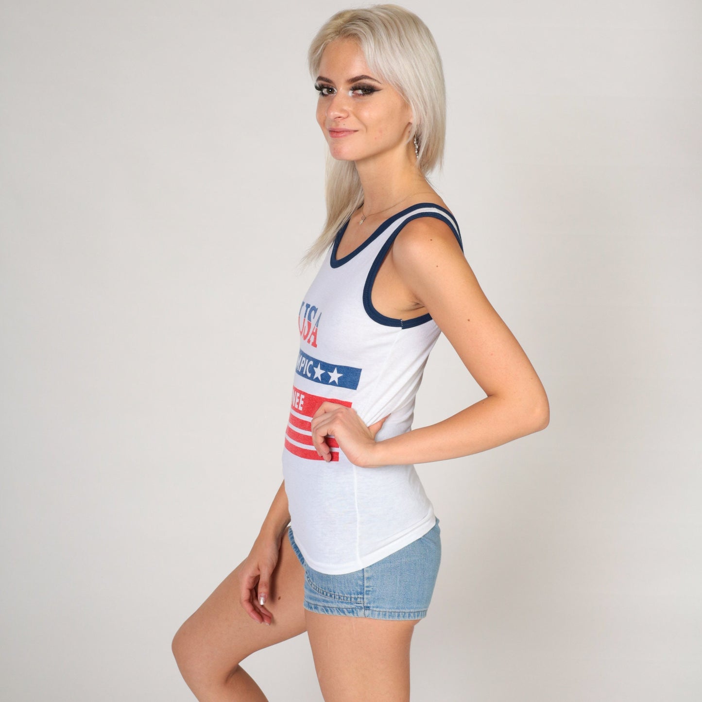 80s USA American Flag Ringer Tank Top White Graphic Single Stitch Extra Small