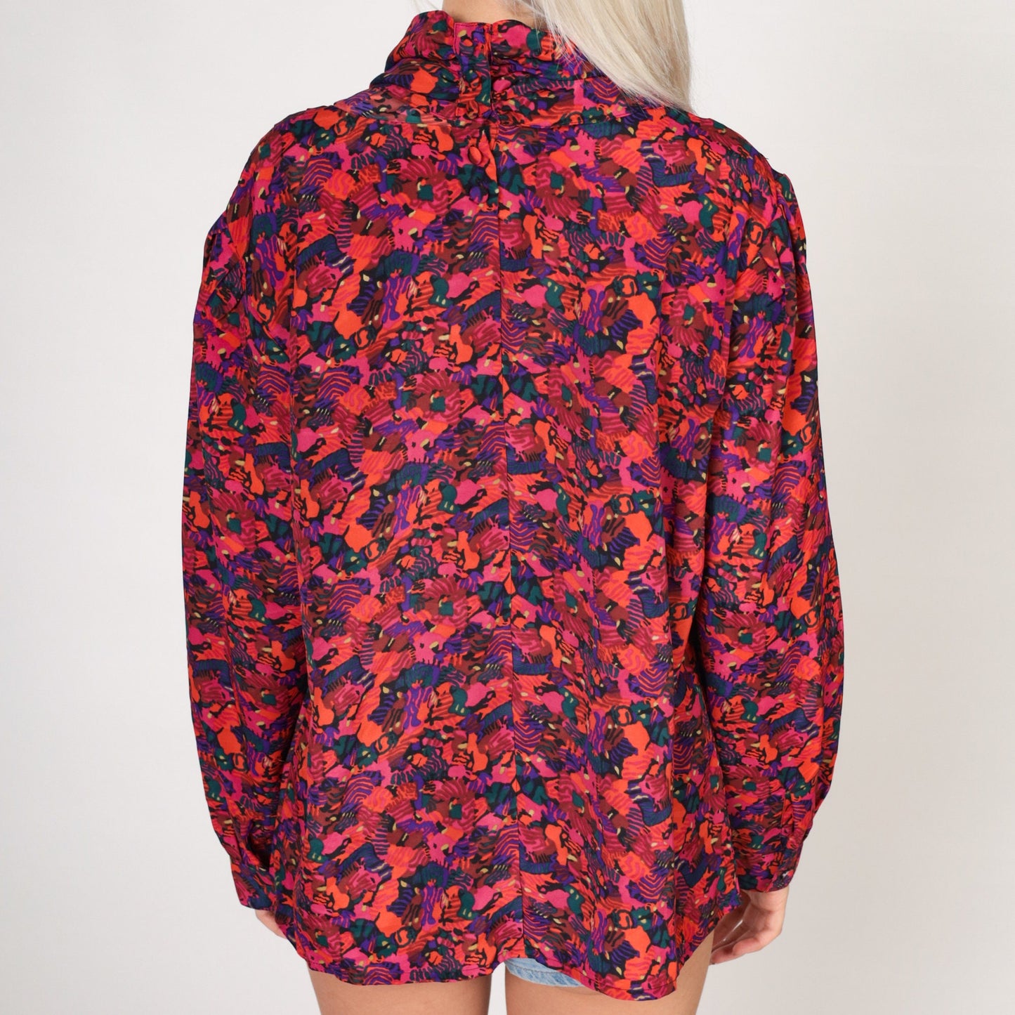 80s Abstract Print Cowl Neck Blouse Long Sleeve Purple Pink Orange Large L