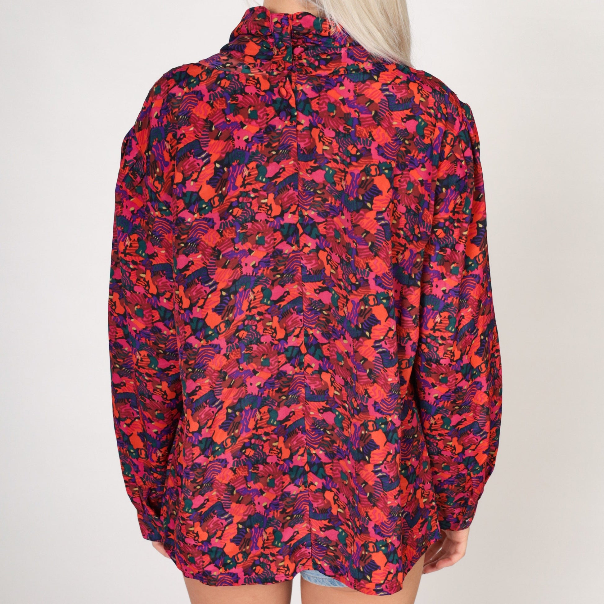 80s Abstract Print Cowl Neck Blouse Long Sleeve Purple Pink Orange Large L