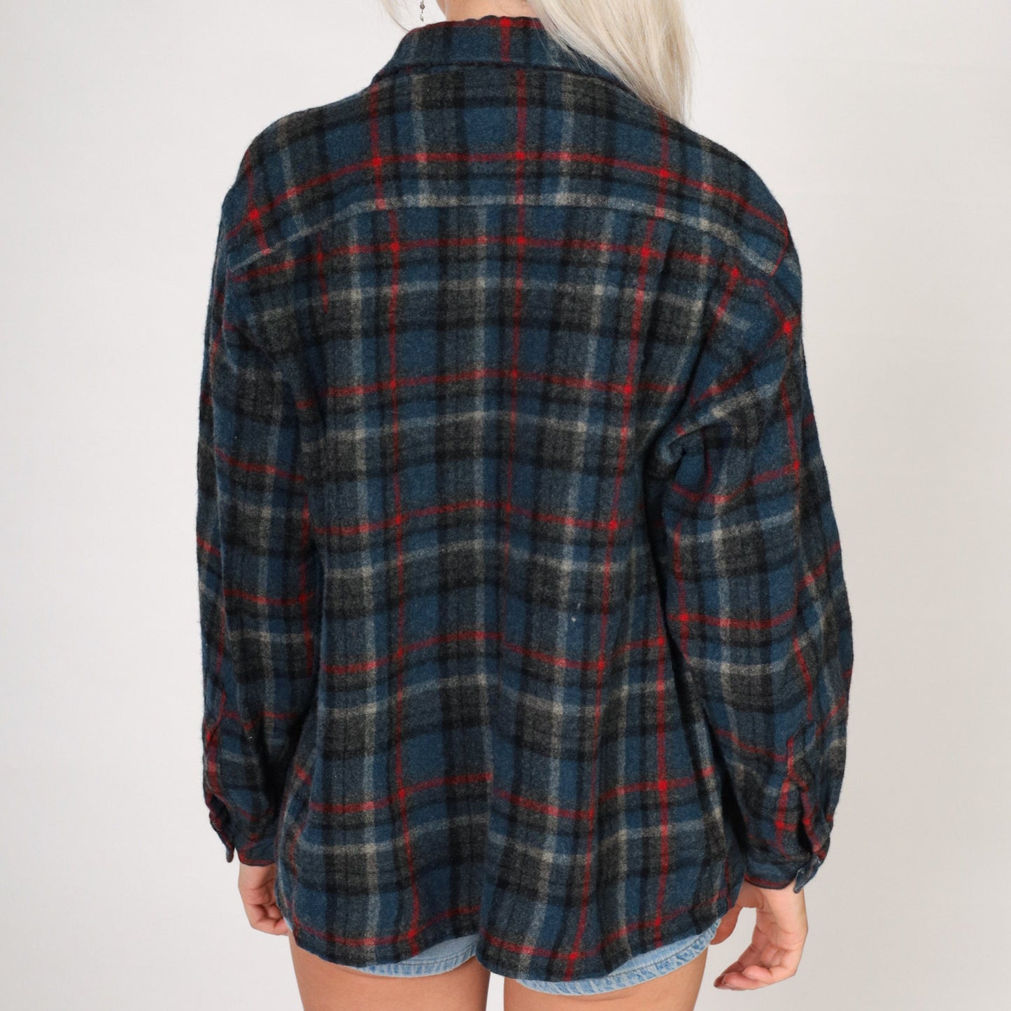70s Brent Wool Blend Plaid Button-Up Shirt Grey Blue Large