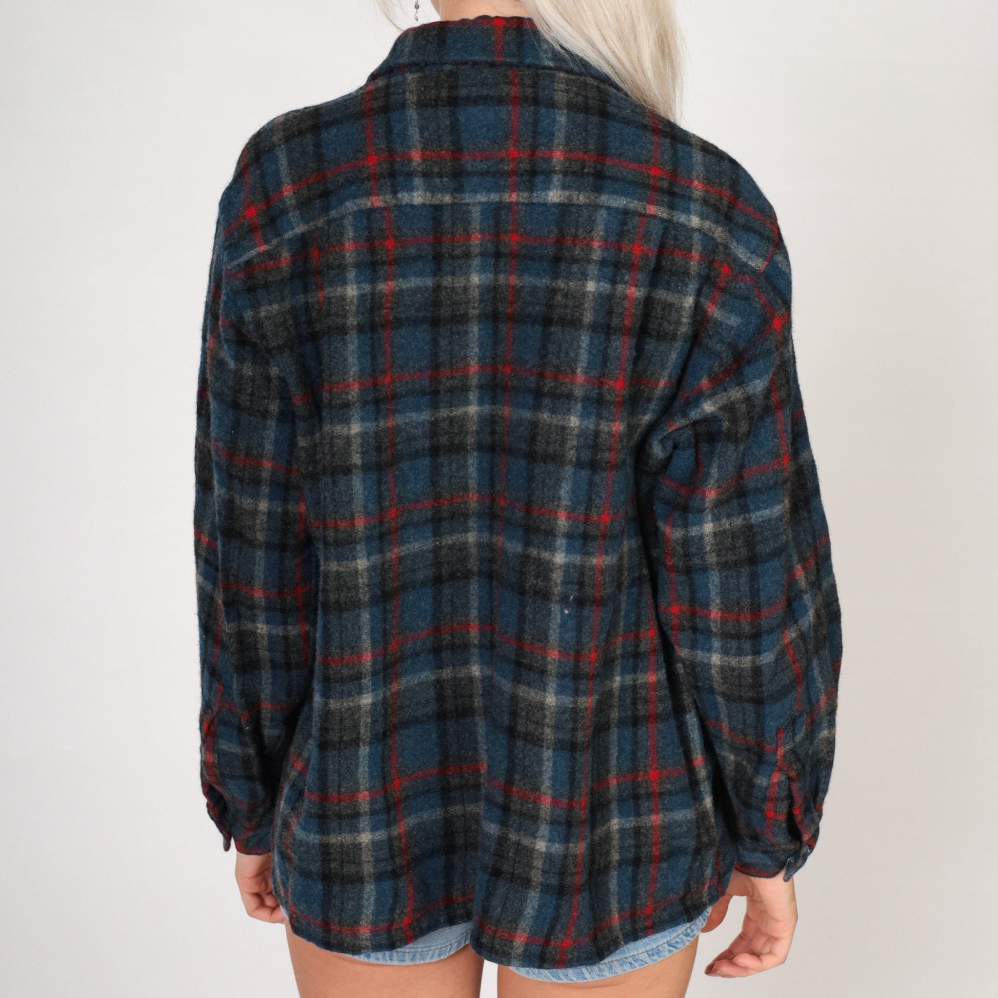 70s Brent Wool Blend Plaid Button-Up Shirt Grey Blue Large