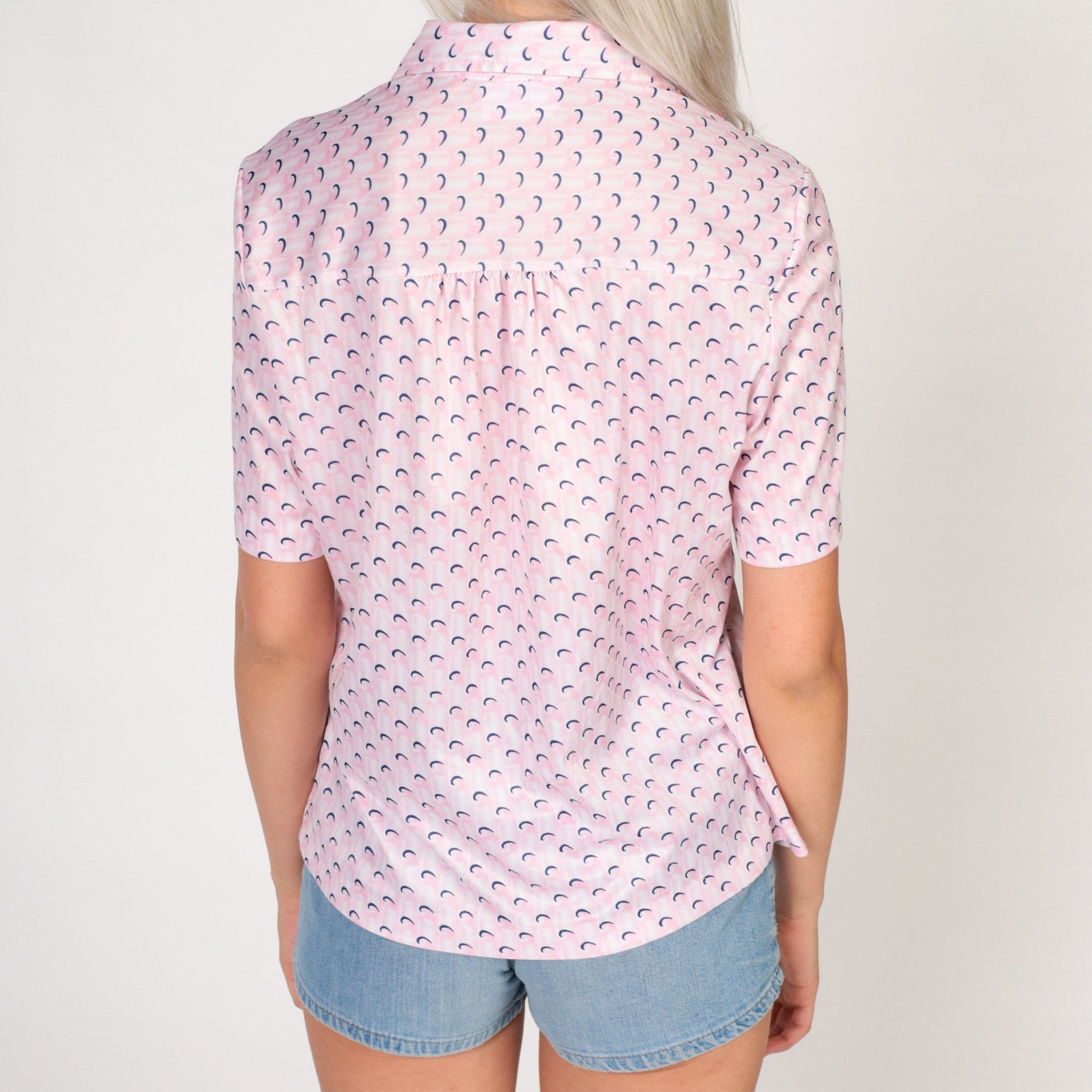 70s Pink Abstract Print Button-Up Blouse Short Sleeve Collared Top Medium