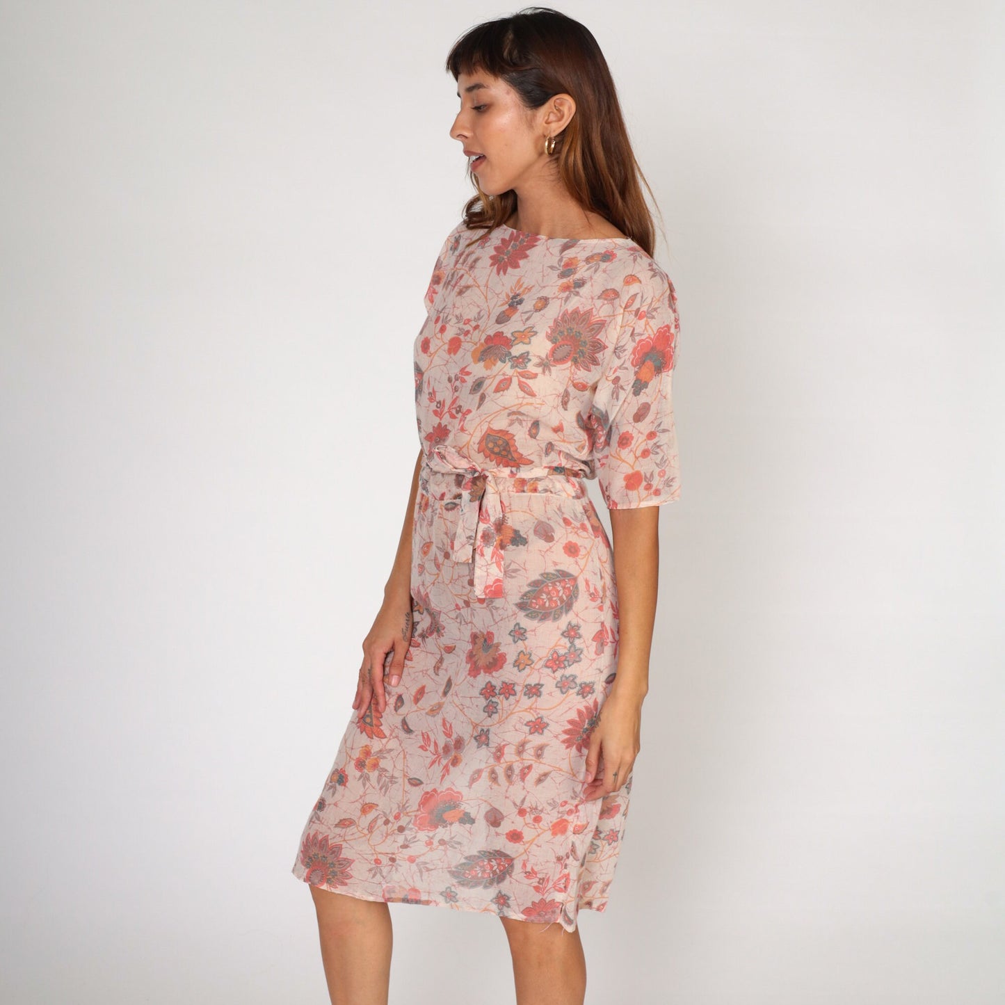 70s Pink Floral Midi Dress High Waisted Cotton Keyhole Back Small