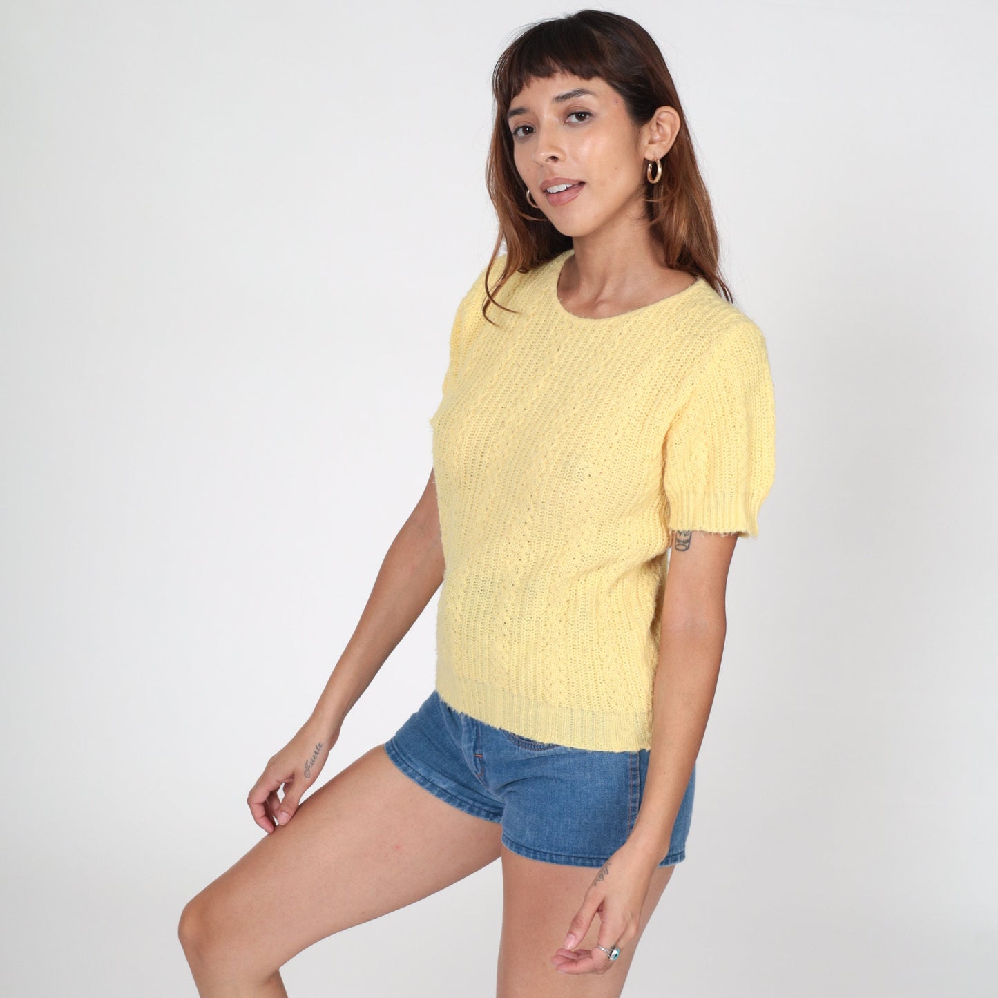 80s Light Yellow Knit Short Sleeve Top Small S