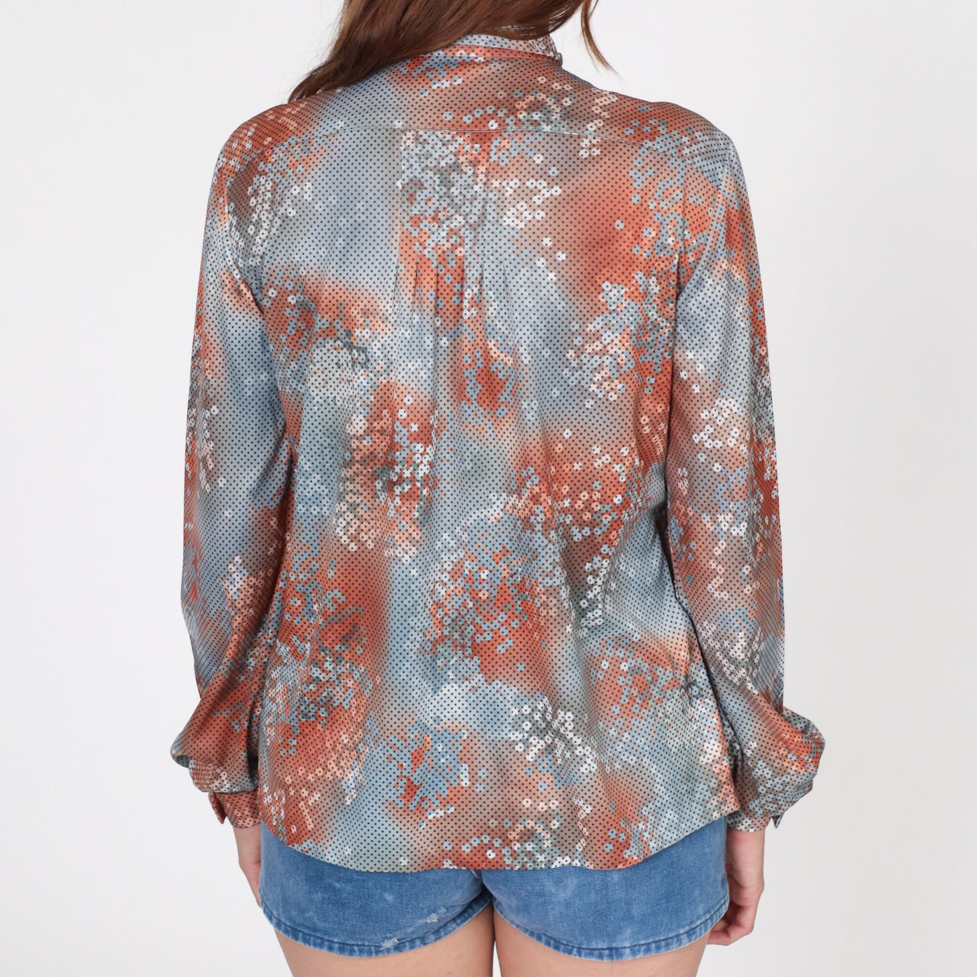 70s Ascot Bow Blouse Polka Dot Abstract Print Burnt Orange Blue Medium