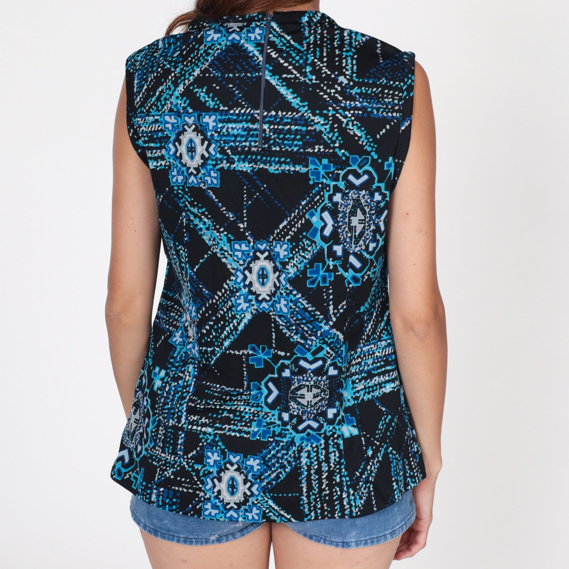 70s Geometric Tank Top Black Blue Psychedelic Print Sleeveless Medium Large