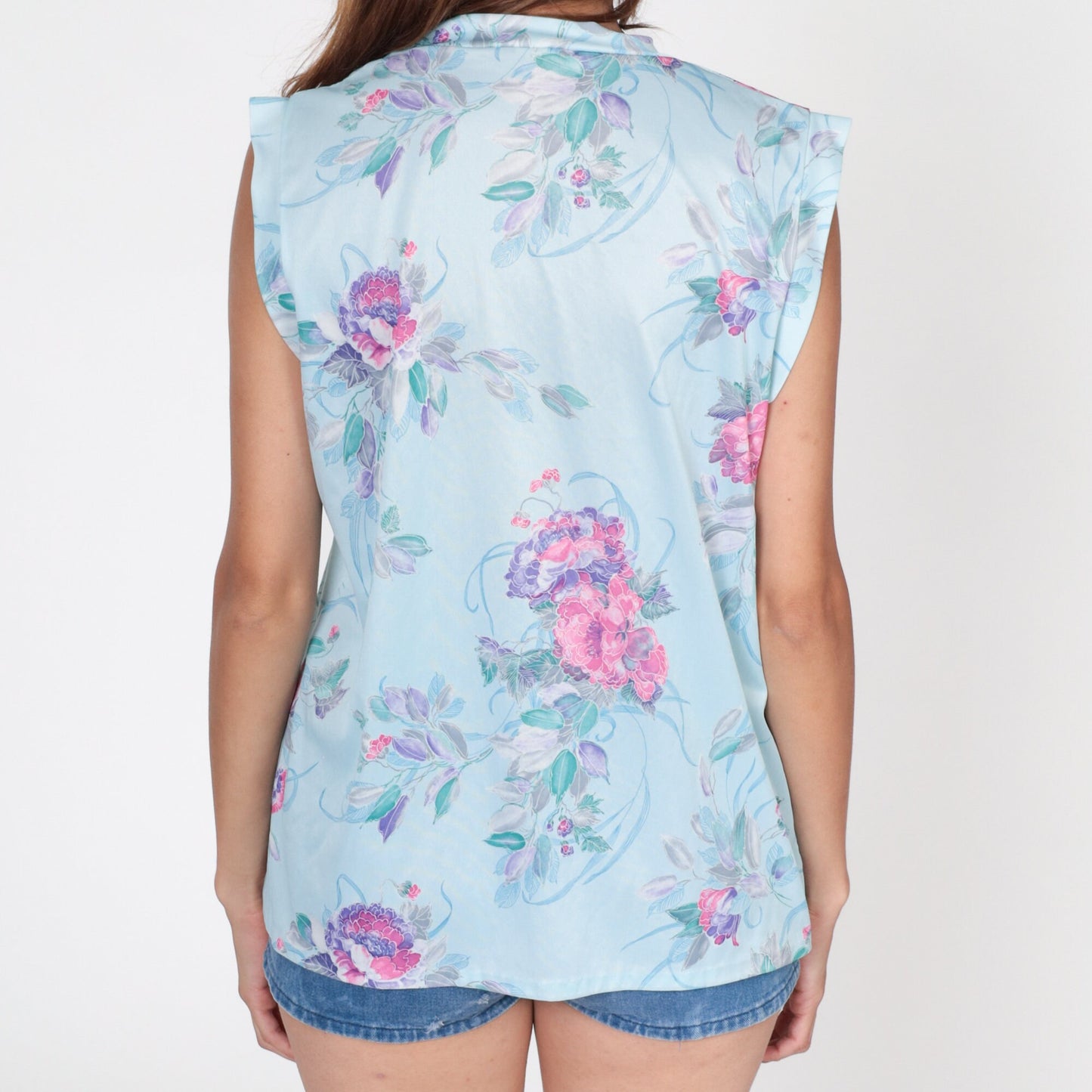 70s Floral Tank Top V-Neck Polyester Blouse Baby Blue Large L