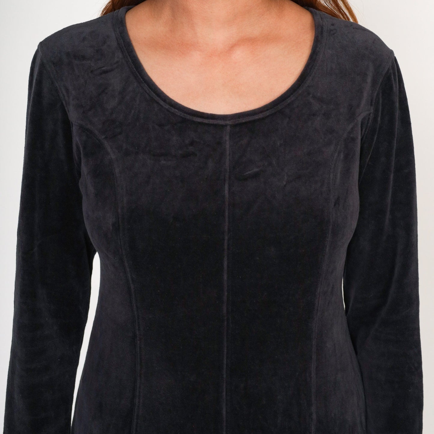 Y2K Black Velour Midi Dress Long Sleeve Princess Seam Small