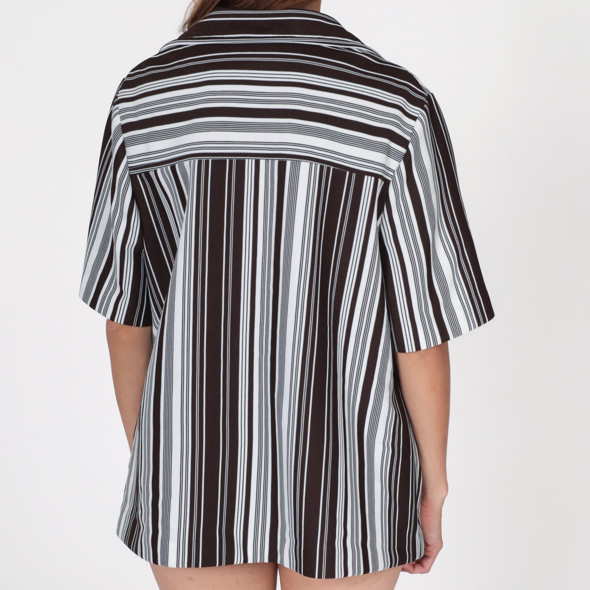 70s Brown & White Striped Button-Up Shirt Short Sleeve Collared V-Neck Extra Large XL