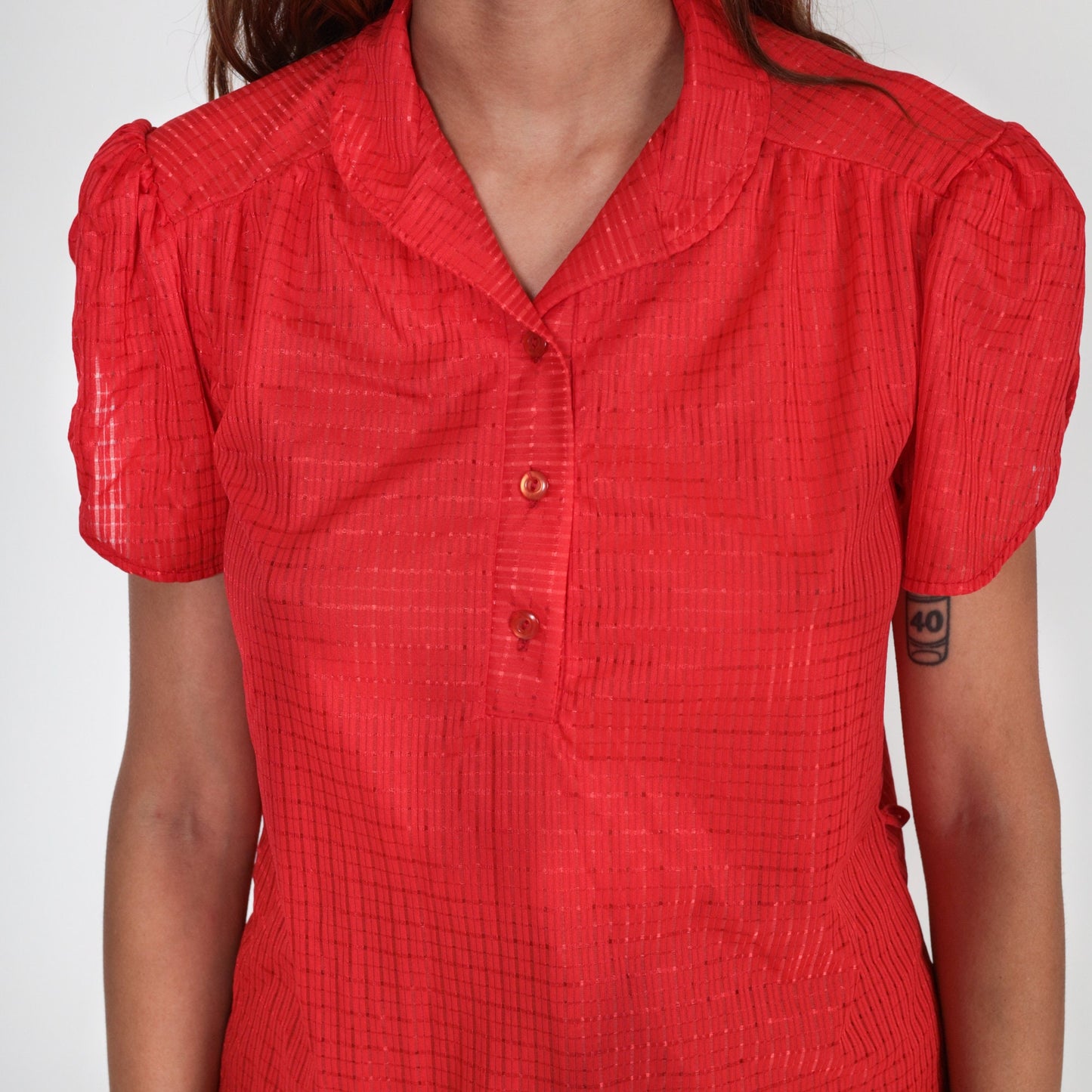 70s Red Checkered Puff Sleeve Button-Up Blouse Sheer Medium