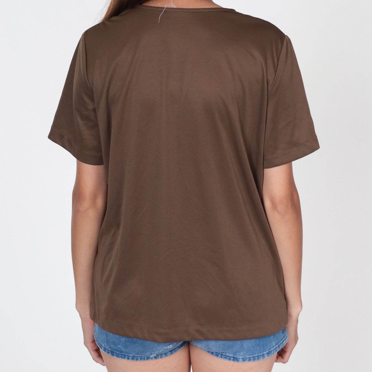 70s Brown Gathered V-Neck Tunic Blouse Short Sleeve Large