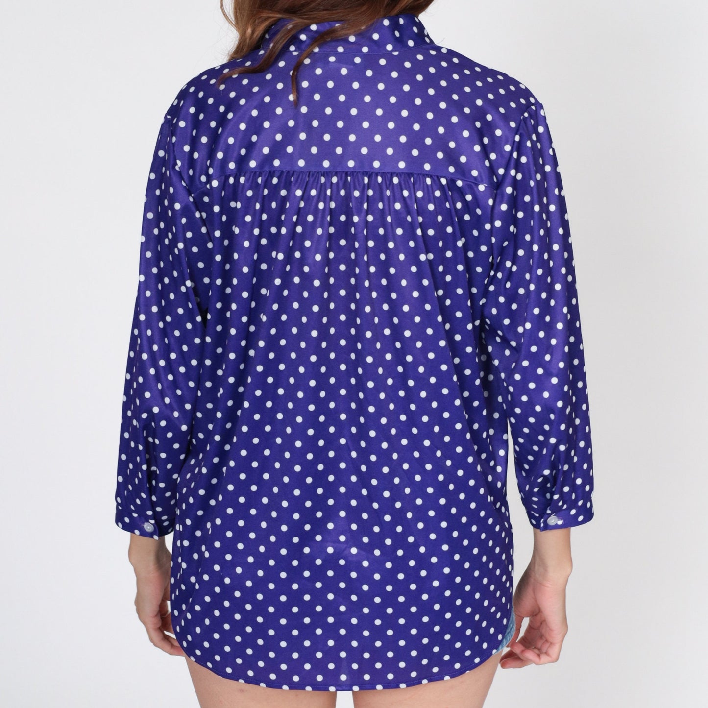 70s Purple Polka Dot Blouse Long Sleeve V Neck Collared Shirt Large 12