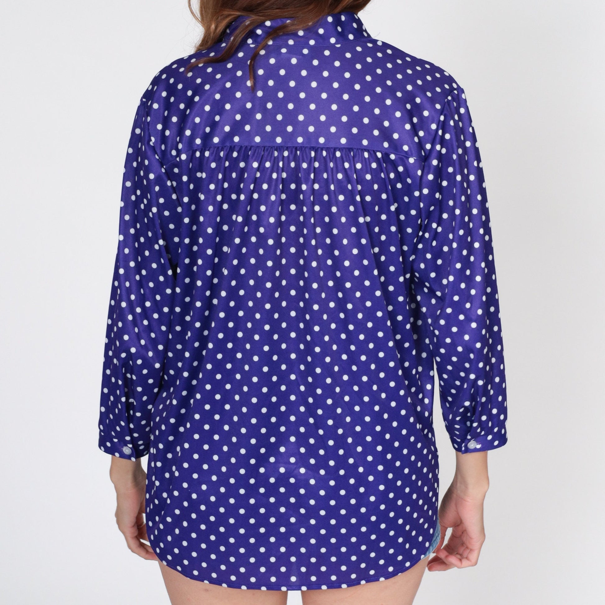 70s Purple Polka Dot Blouse Long Sleeve V Neck Collared Shirt Large 12