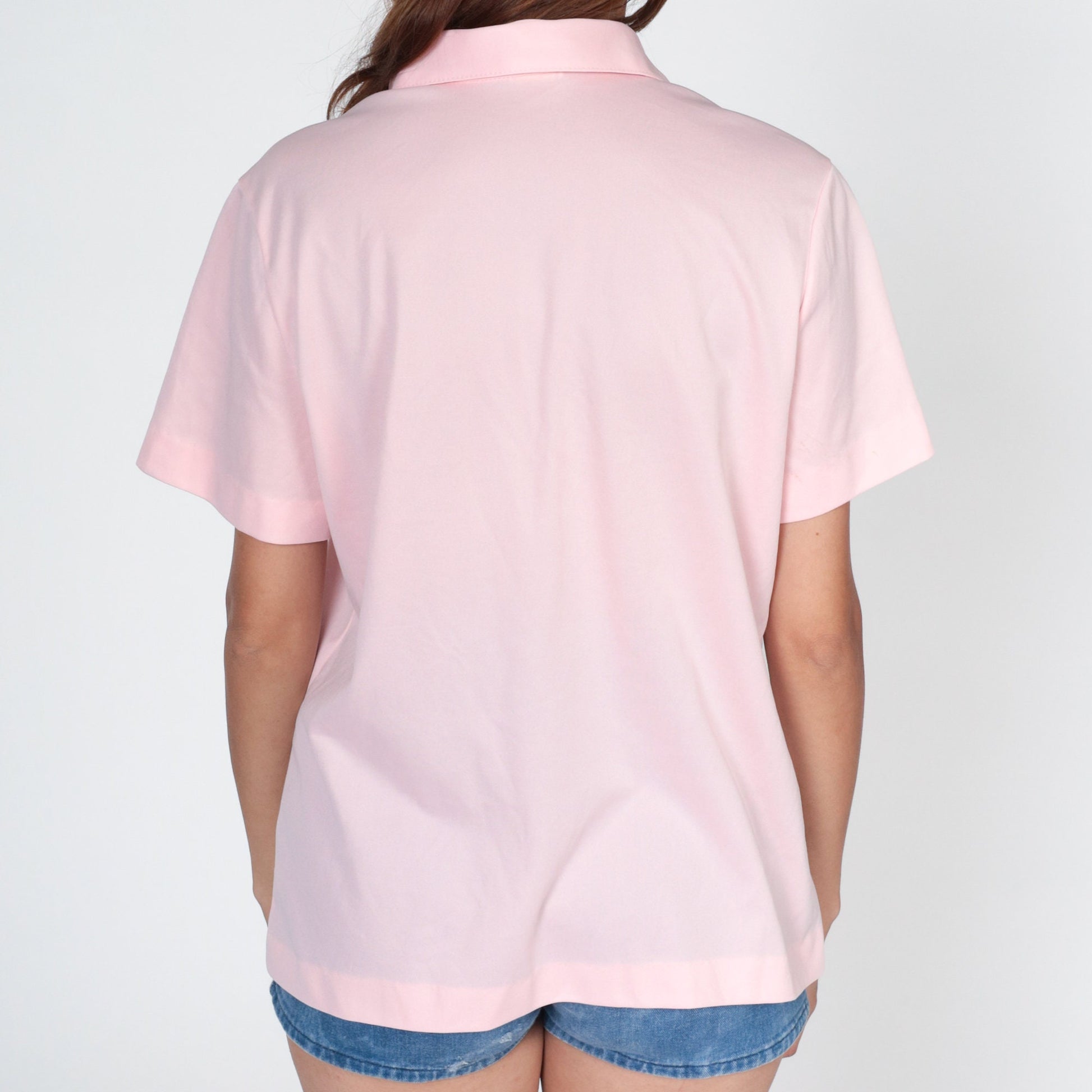70s Polo Shirt Baby Pink Collared Short Sleeve Blouse Large L