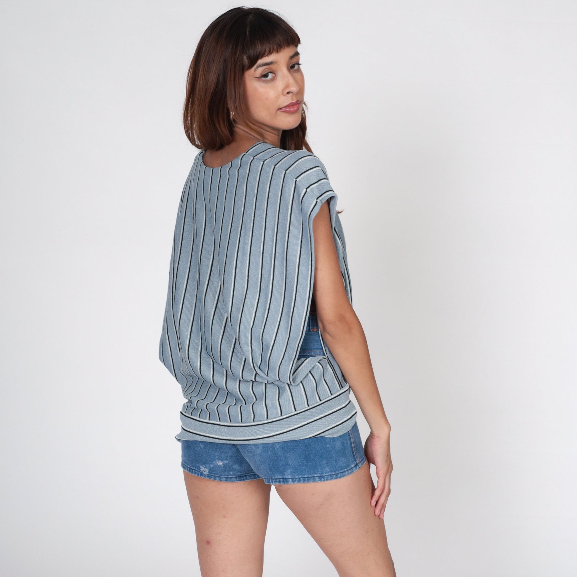 70s Grey Striped Knit Vest Open Front Tie Waist Cap Sleeve Large