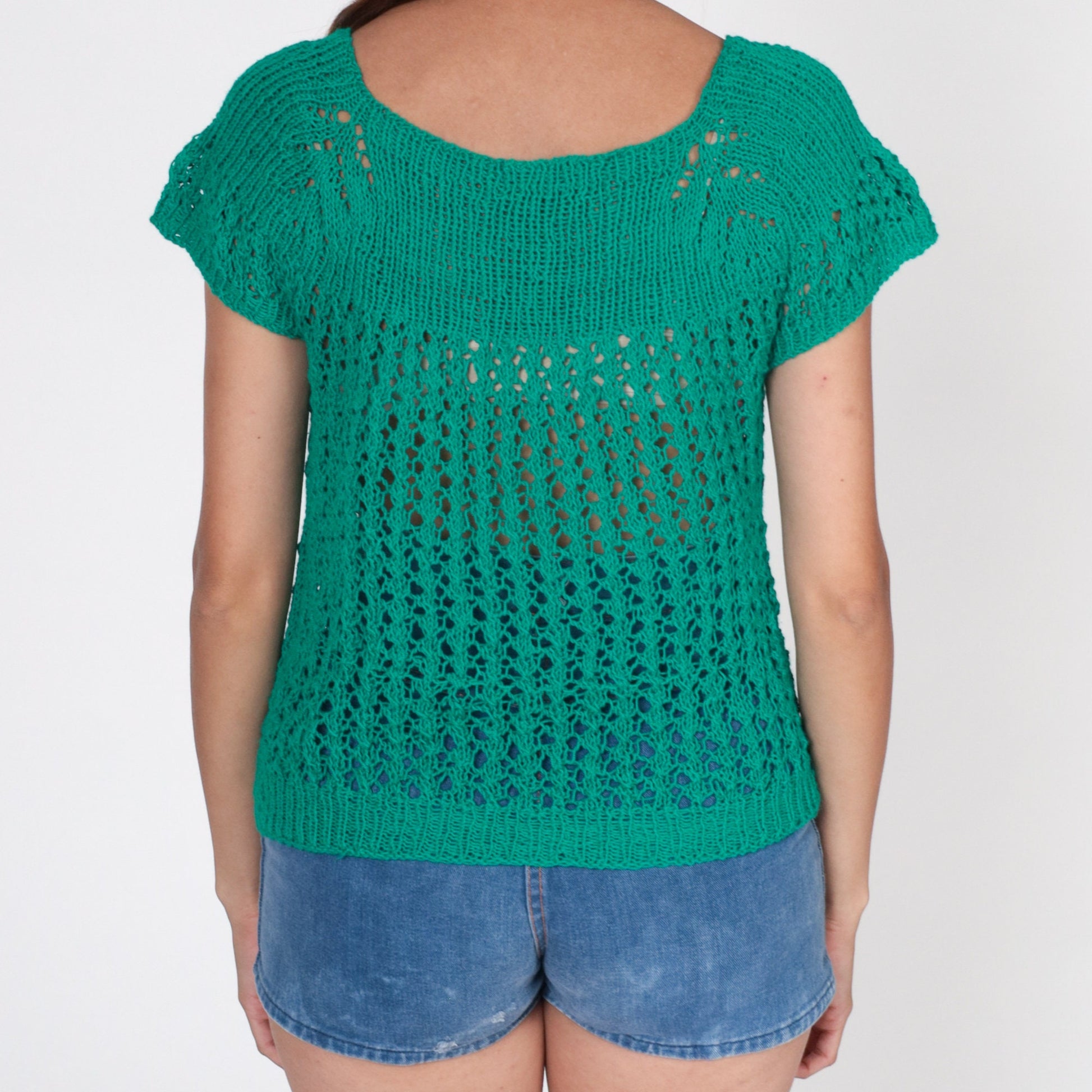 80s Green Crochet Blouse Short Raglan Sleeve Sheer Knit Top Small S