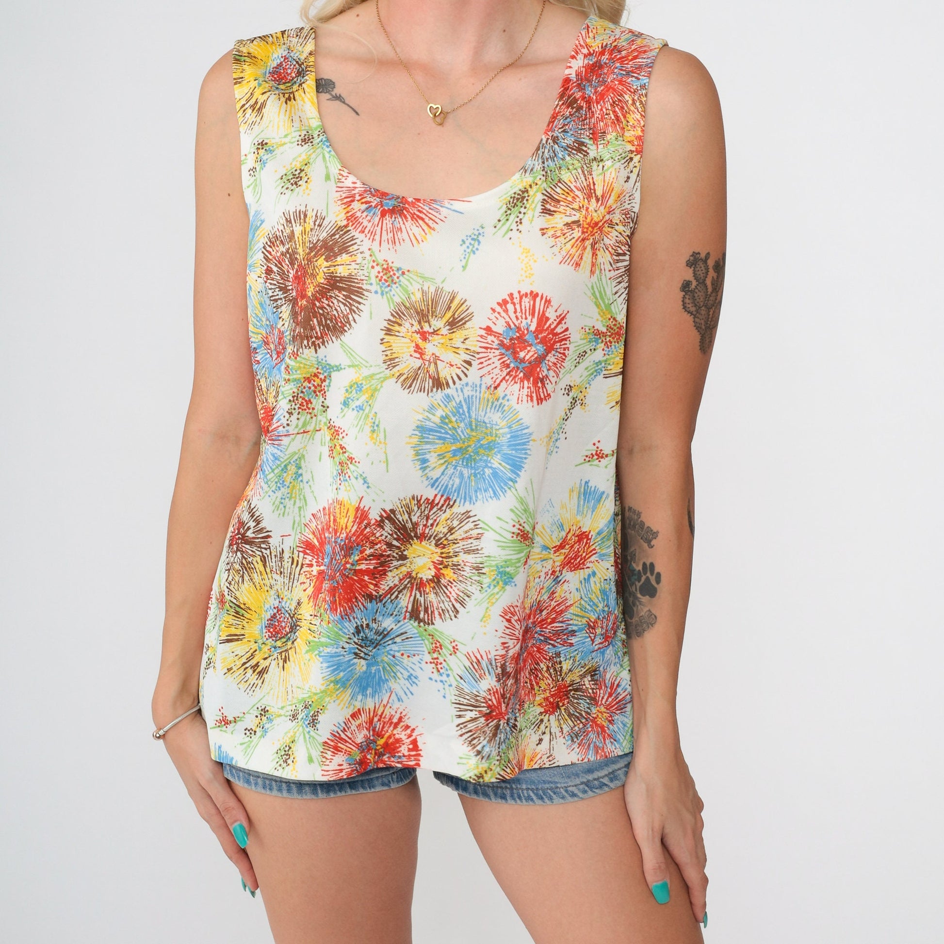 70s Starburst Floral Tank Top Psychedelic Print White Large L
