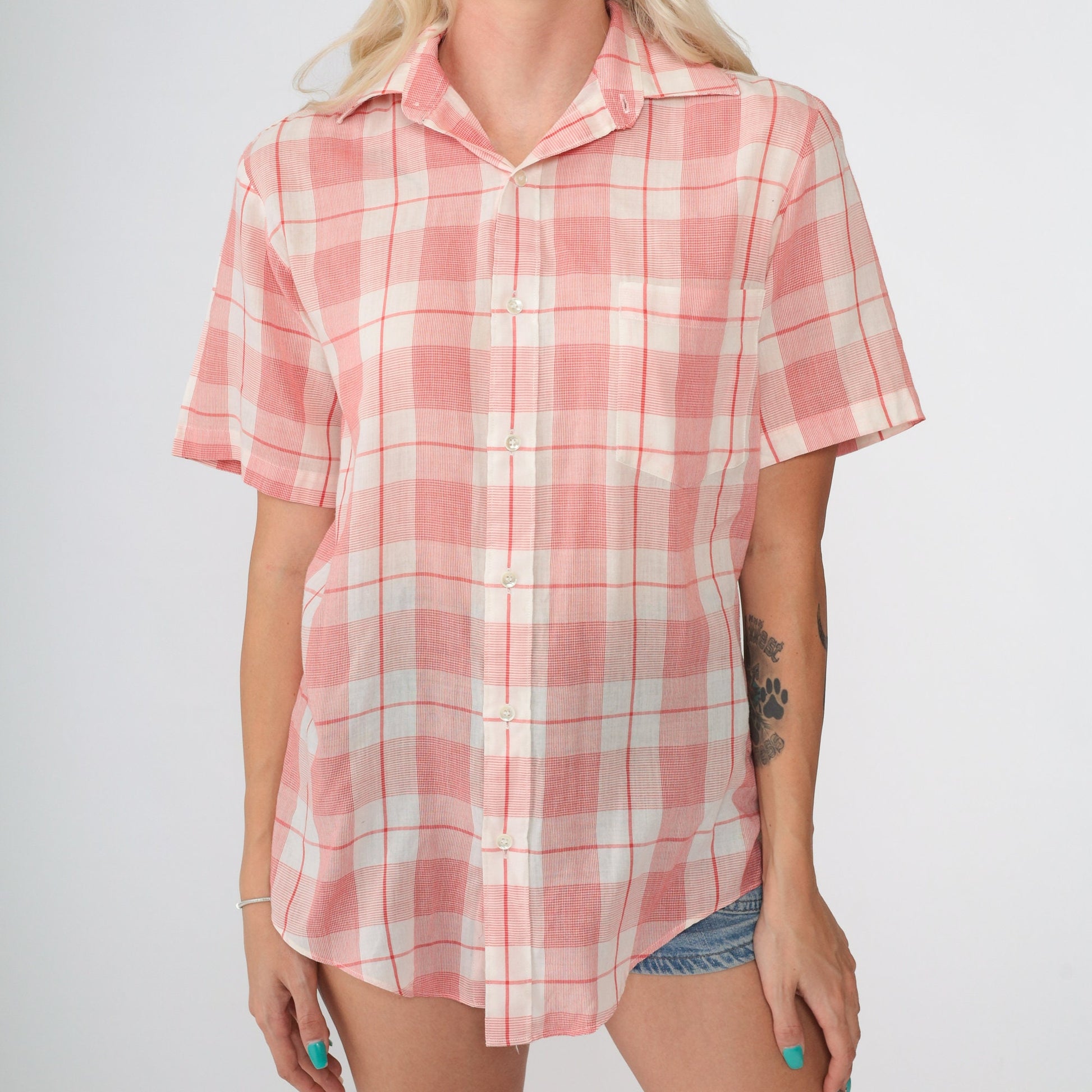 80s Red Plaid Button-Up Shirt White Check Short Sleeve Collared Top Small