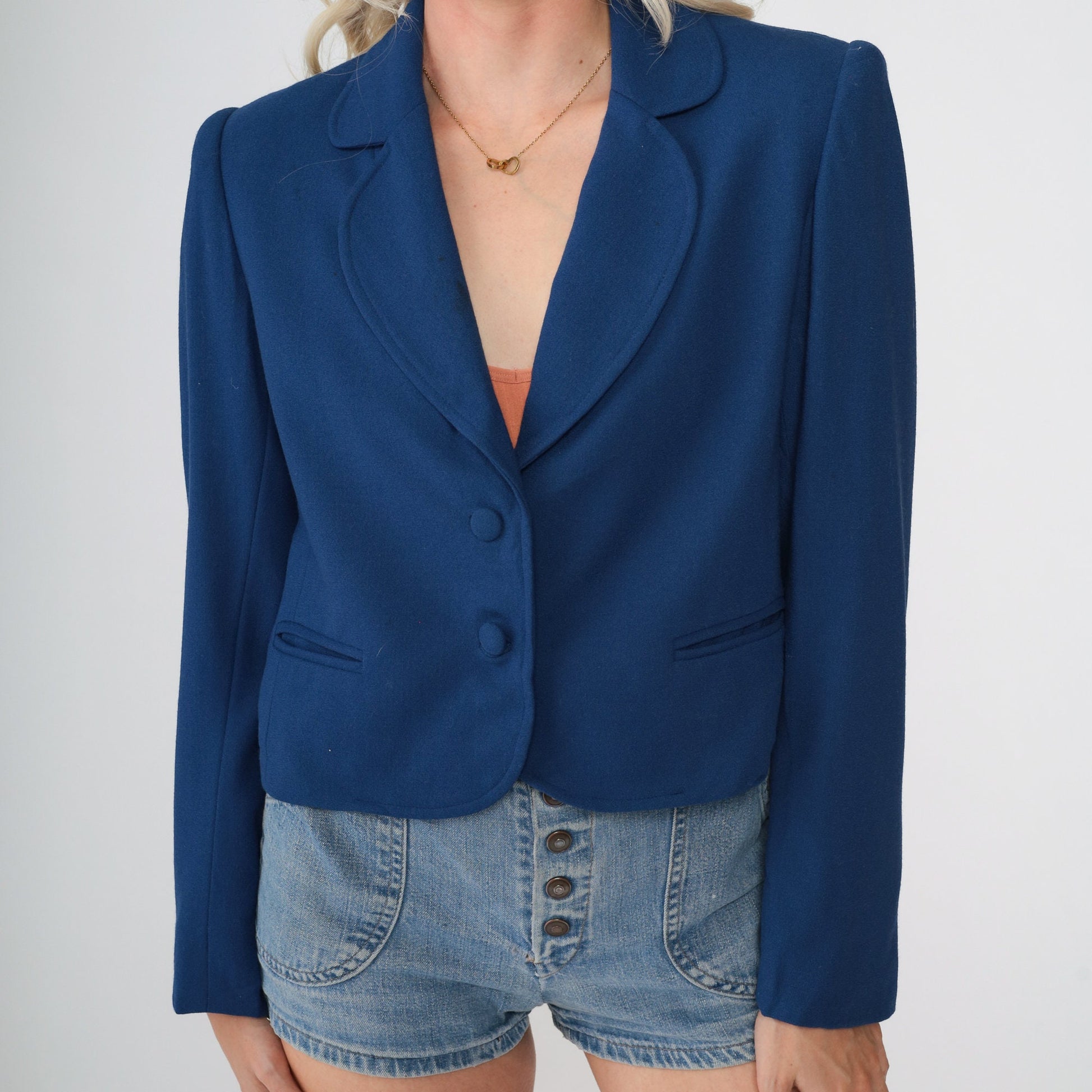 80s Navy Wool Blazer Cropped V-Neck Jacket Small S
