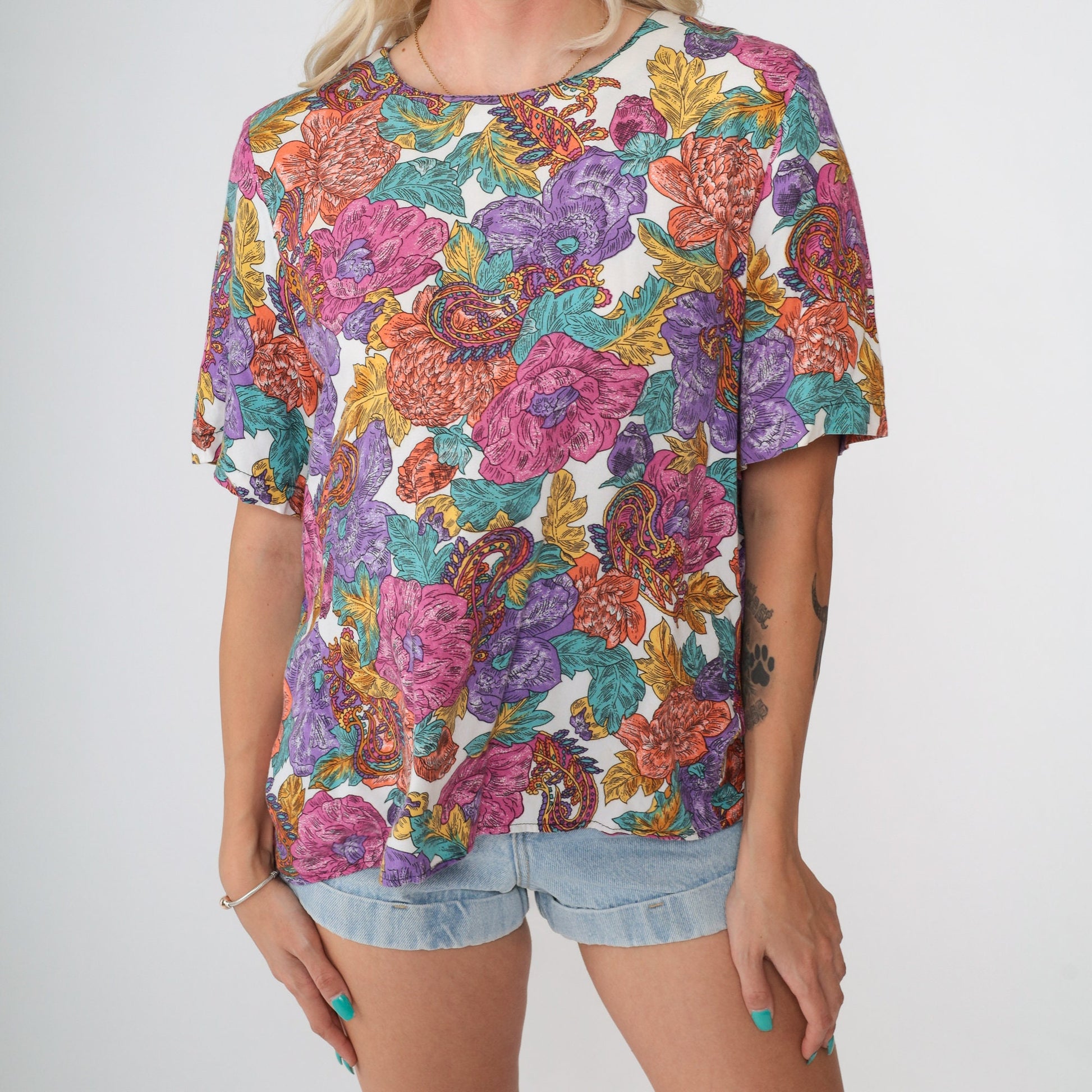 90s Paisley Floral Rayon Blouse Short Sleeve Pink Purple White Small