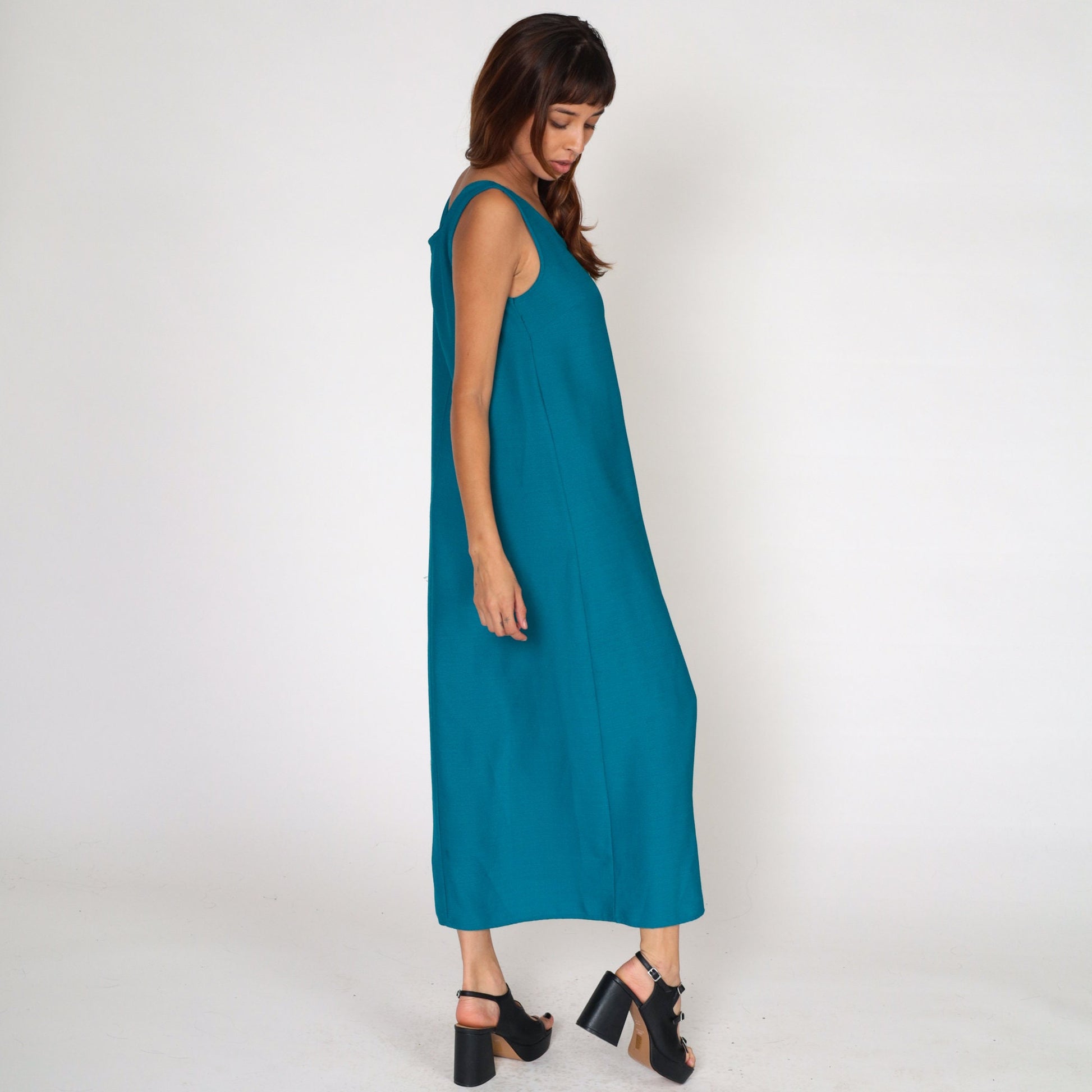 90s Blue Sleeveless Maxi Dress Side Slit Shift Ankle Length Medium