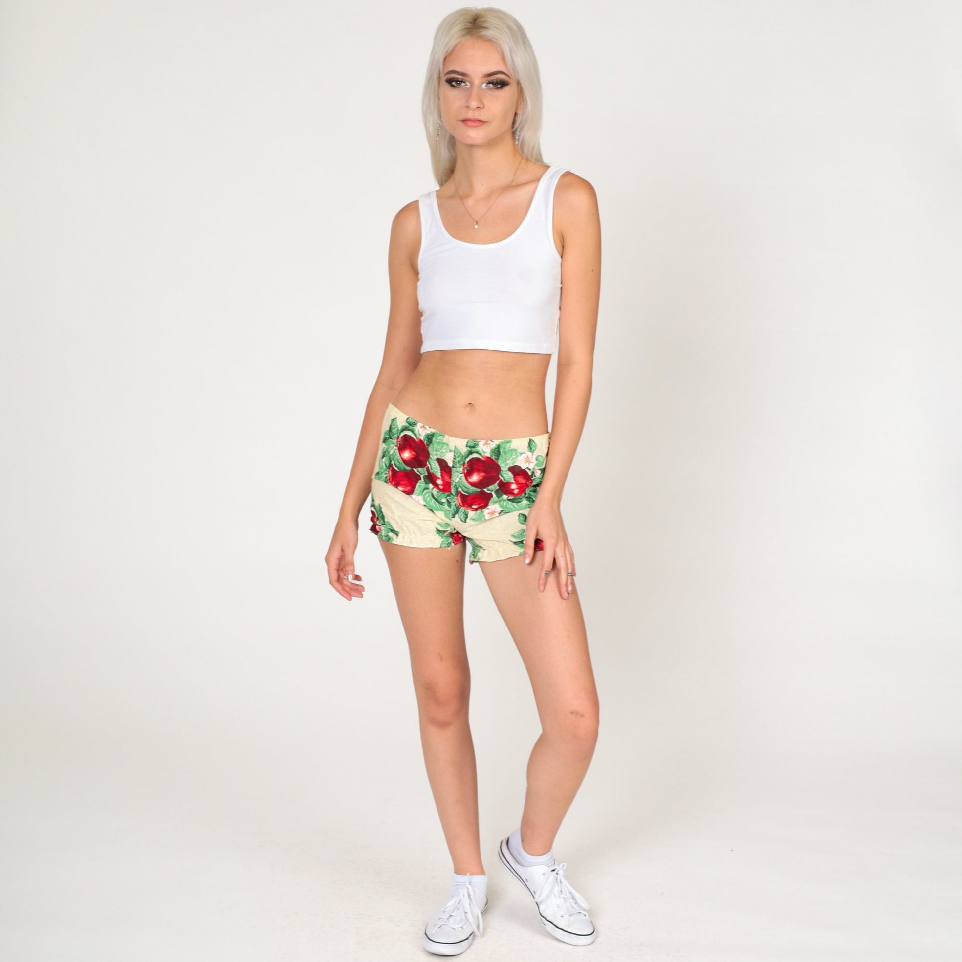 80s Yellow Apple Print Shorts Low Rise Hotpants Extra Small XS