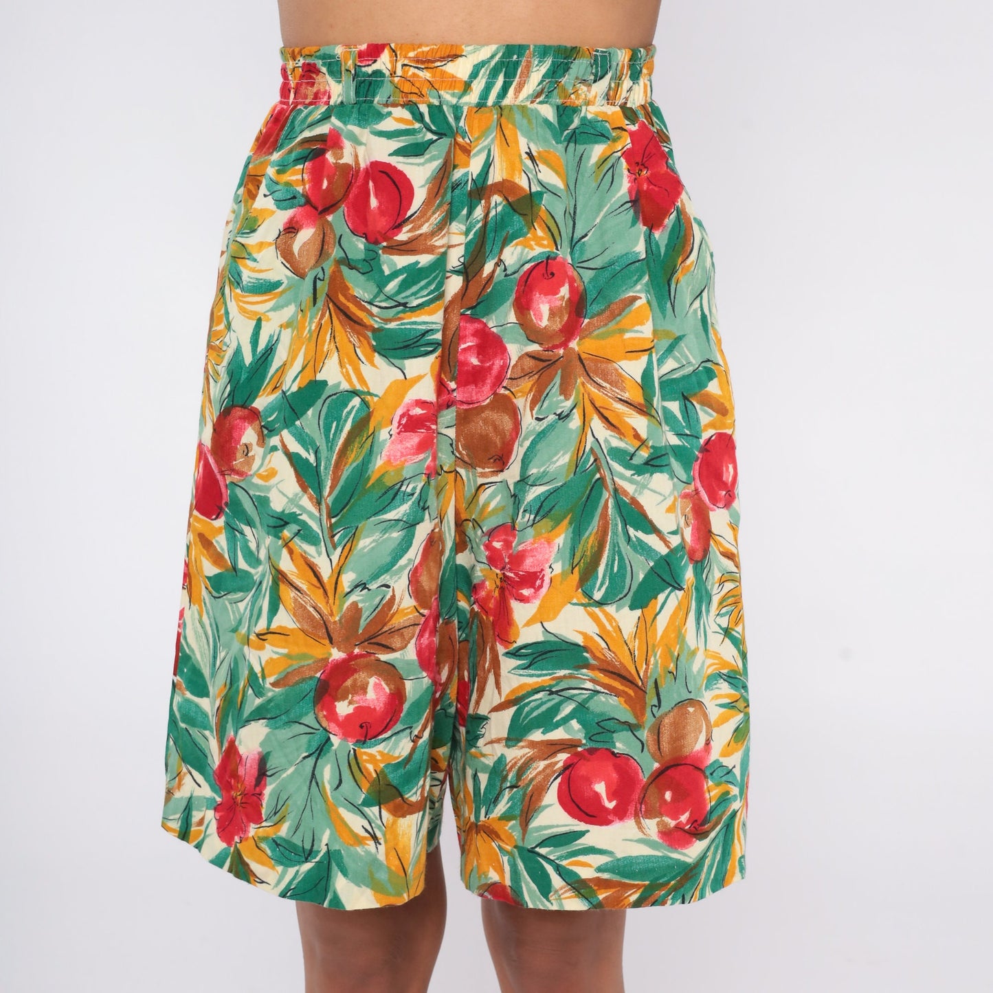 90s Fruit Floral Print Pleated Shorts High Waist Wide Leg Small S