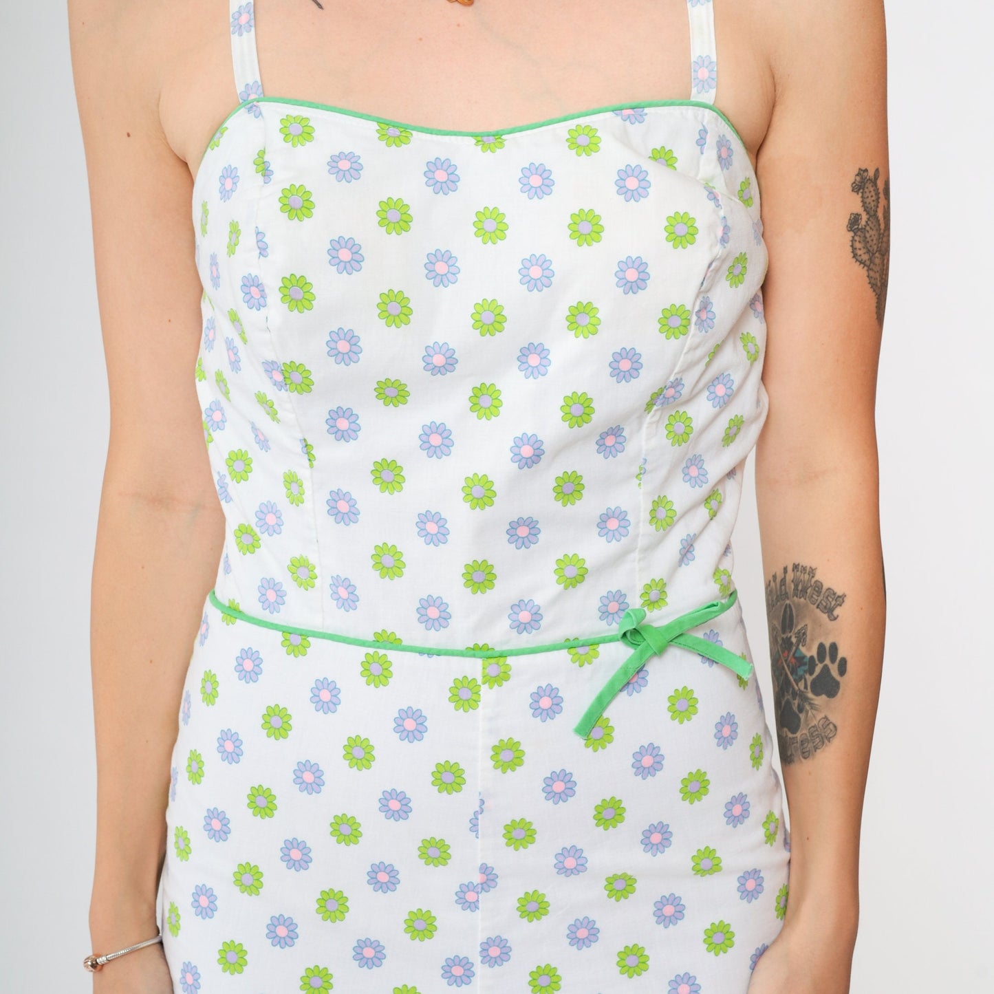 60s White Floral One-Piece Swimsuit Smocked Spaghetti Strap Small Medium