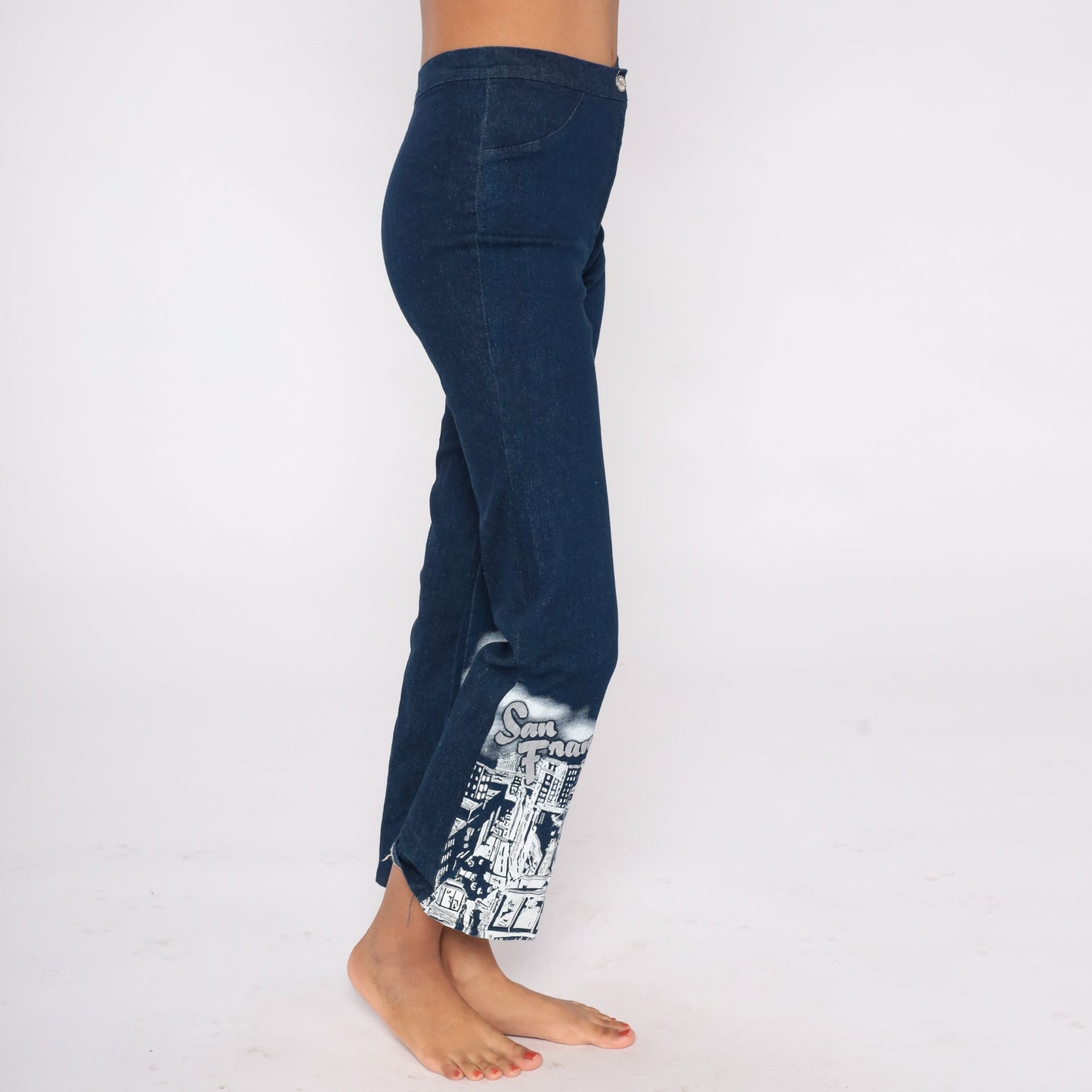 Y2K San Francisco Airbrushed Glitter Jeans Blue Denim Mid Rise Extra Small