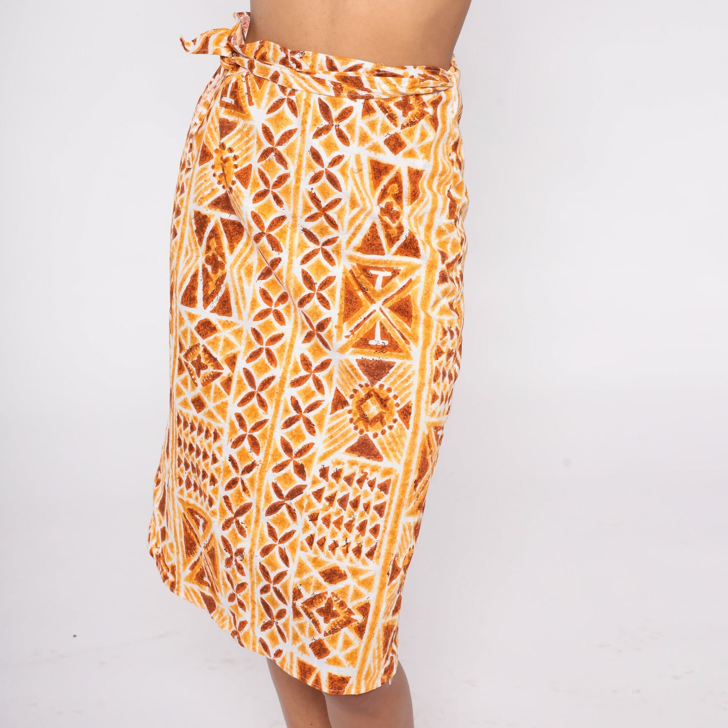 90s Geometric Stamp Print Wrap Skirt Knee Length Orange Extra Small XS