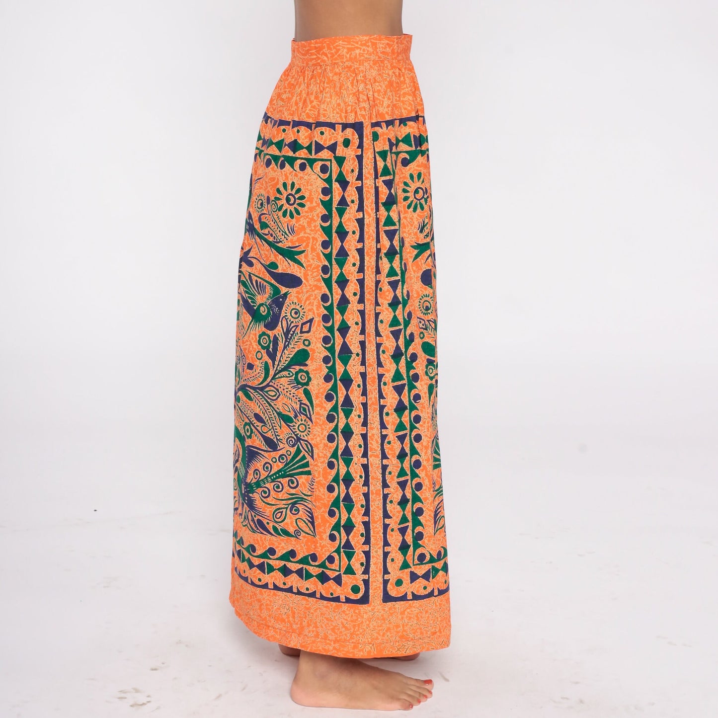 00s Tree of Life Bird Print Maxi Skirt Orange Floral Cotton Small