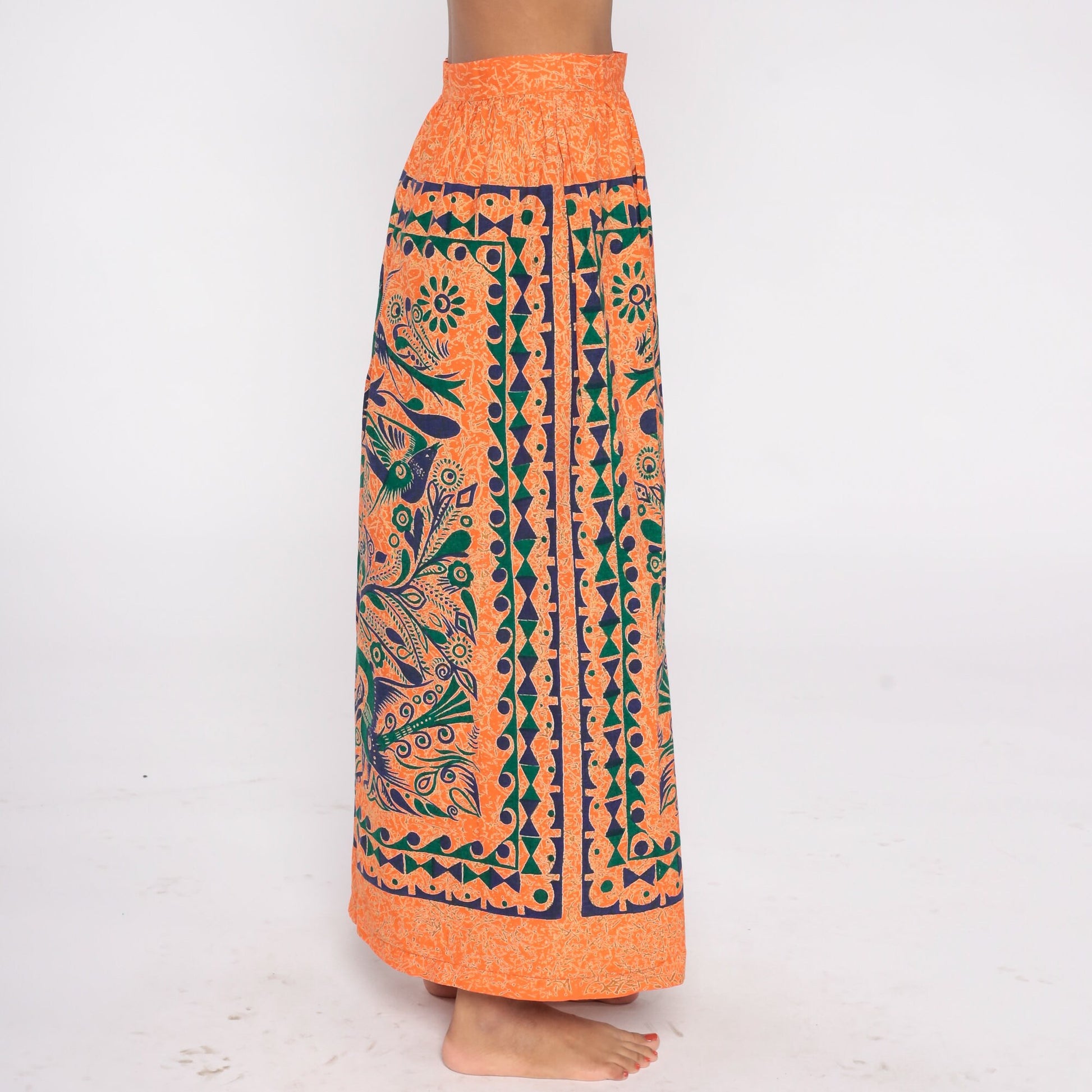 00s Tree of Life Bird Print Maxi Skirt Orange Floral Cotton Small