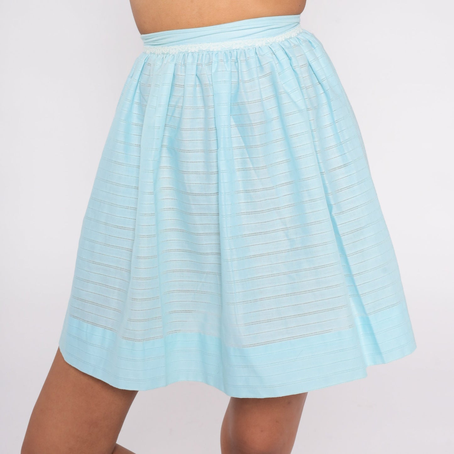 60s Blue Mini Skirt High Waist Cutout Semi-Sheer Cotton XXS