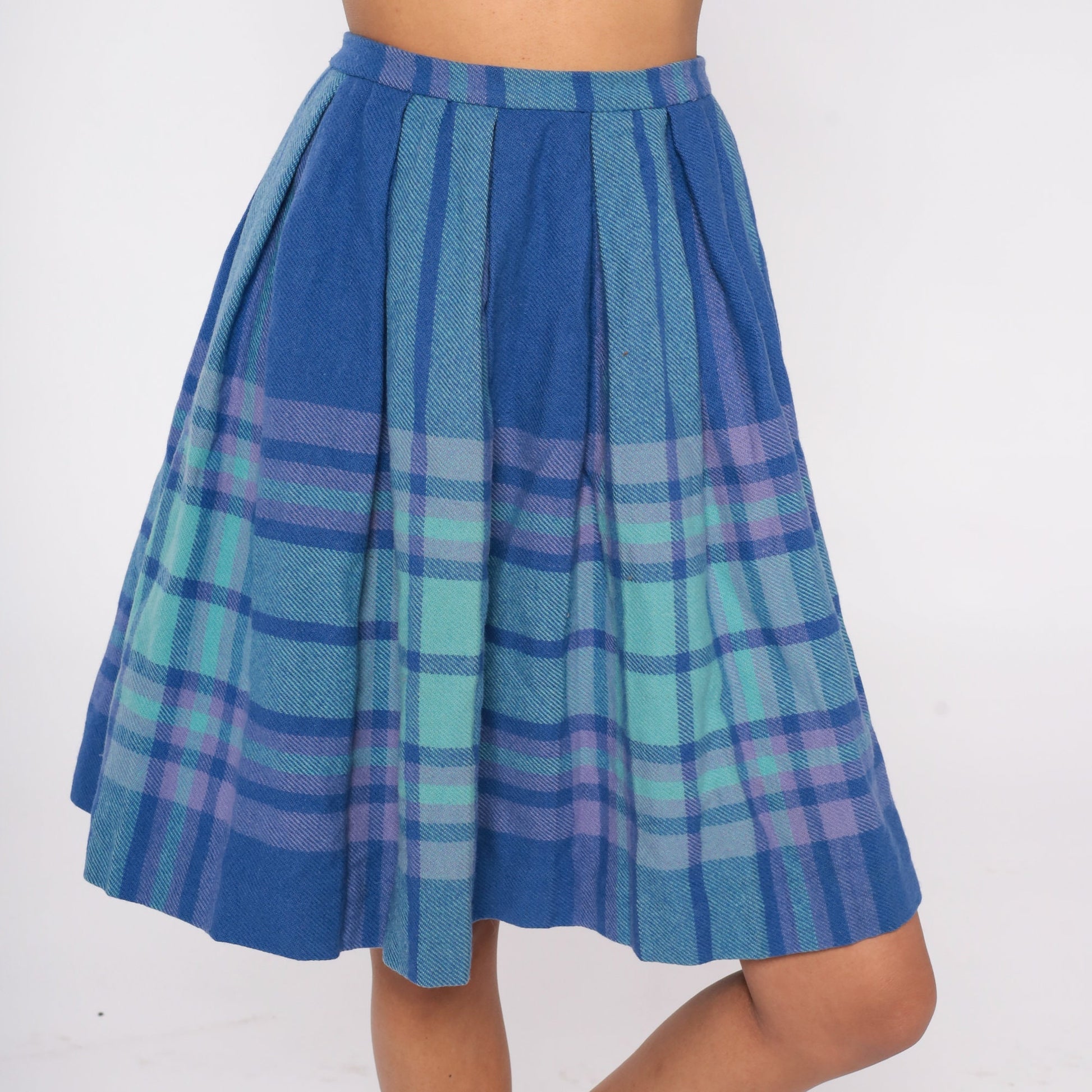 70s Blue Plaid Wool Mini Skirt High Waisted Pleated Tartan Extra Small