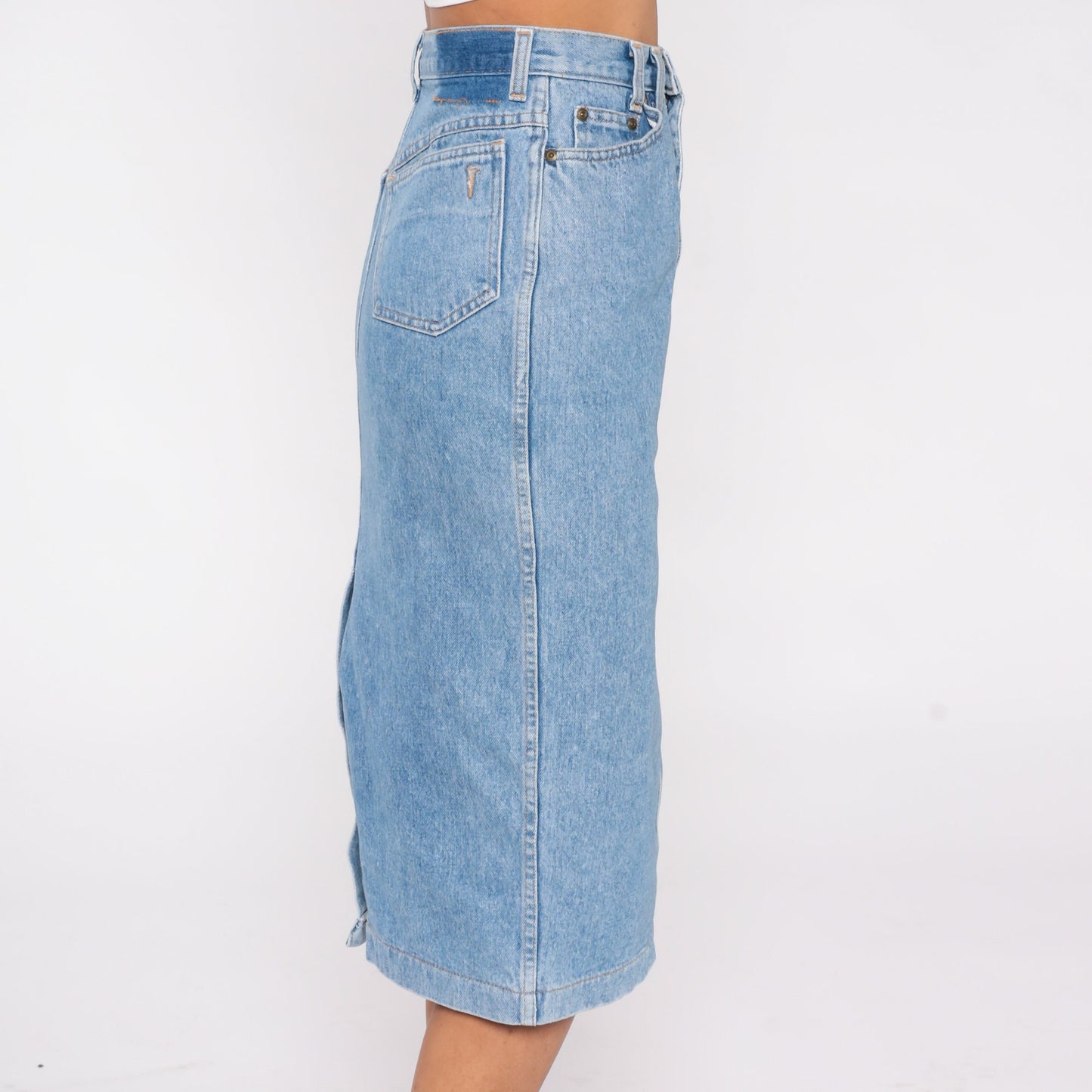 90s Blue Denim Midi Pencil Skirt High Waist Rear Slit Extra Small XS