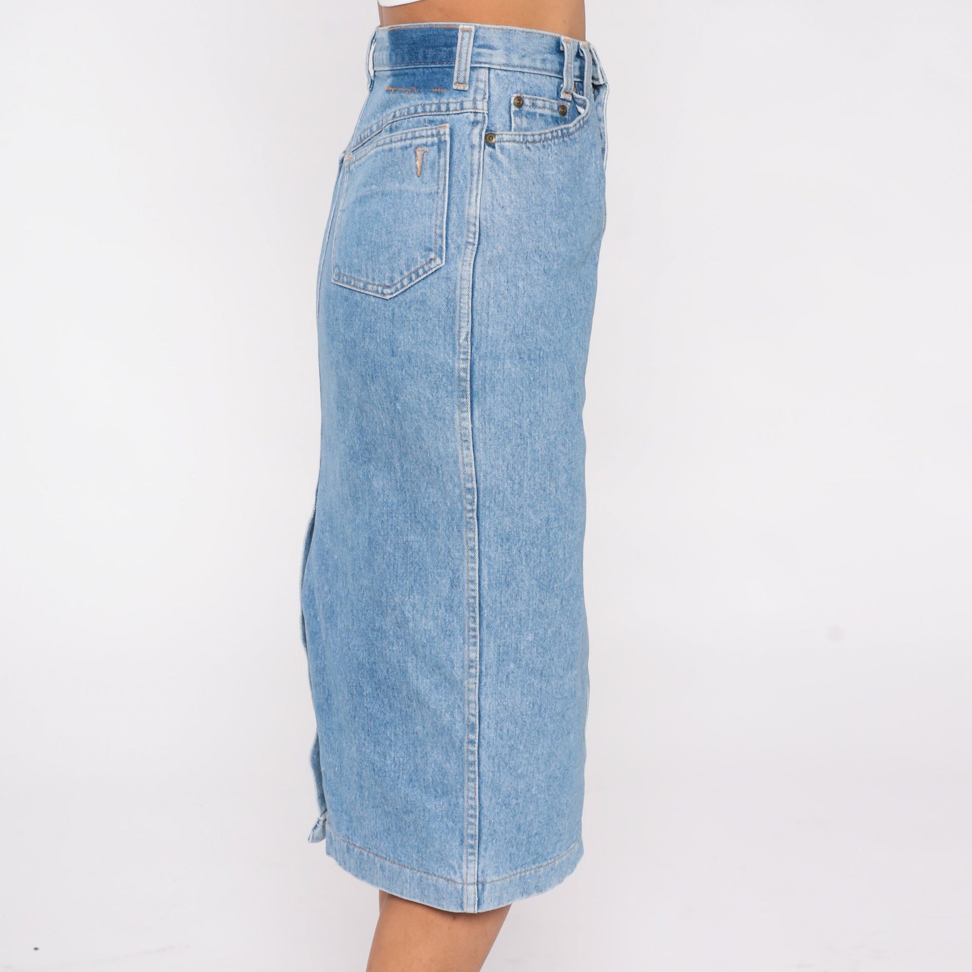 90s Blue Denim Midi Pencil Skirt High Waist Rear Slit Extra Small XS