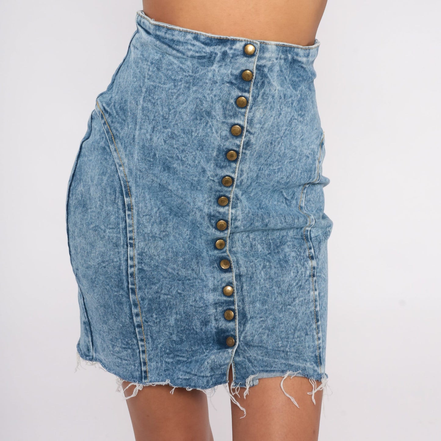 90s Pleeze Acid Wash Denim Mini Skirt High Waist Snap Front Blue Extra Small