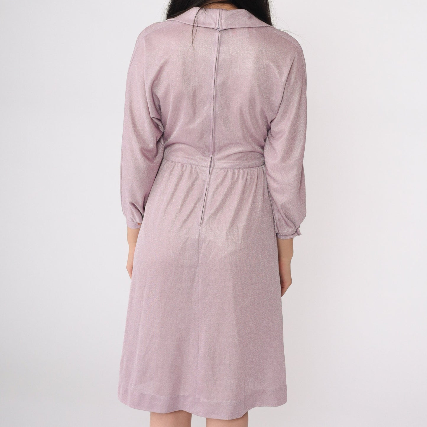 70s Shimmery Lavender Grecian Wrap Dress Long Sleeve Midi High Waist Small