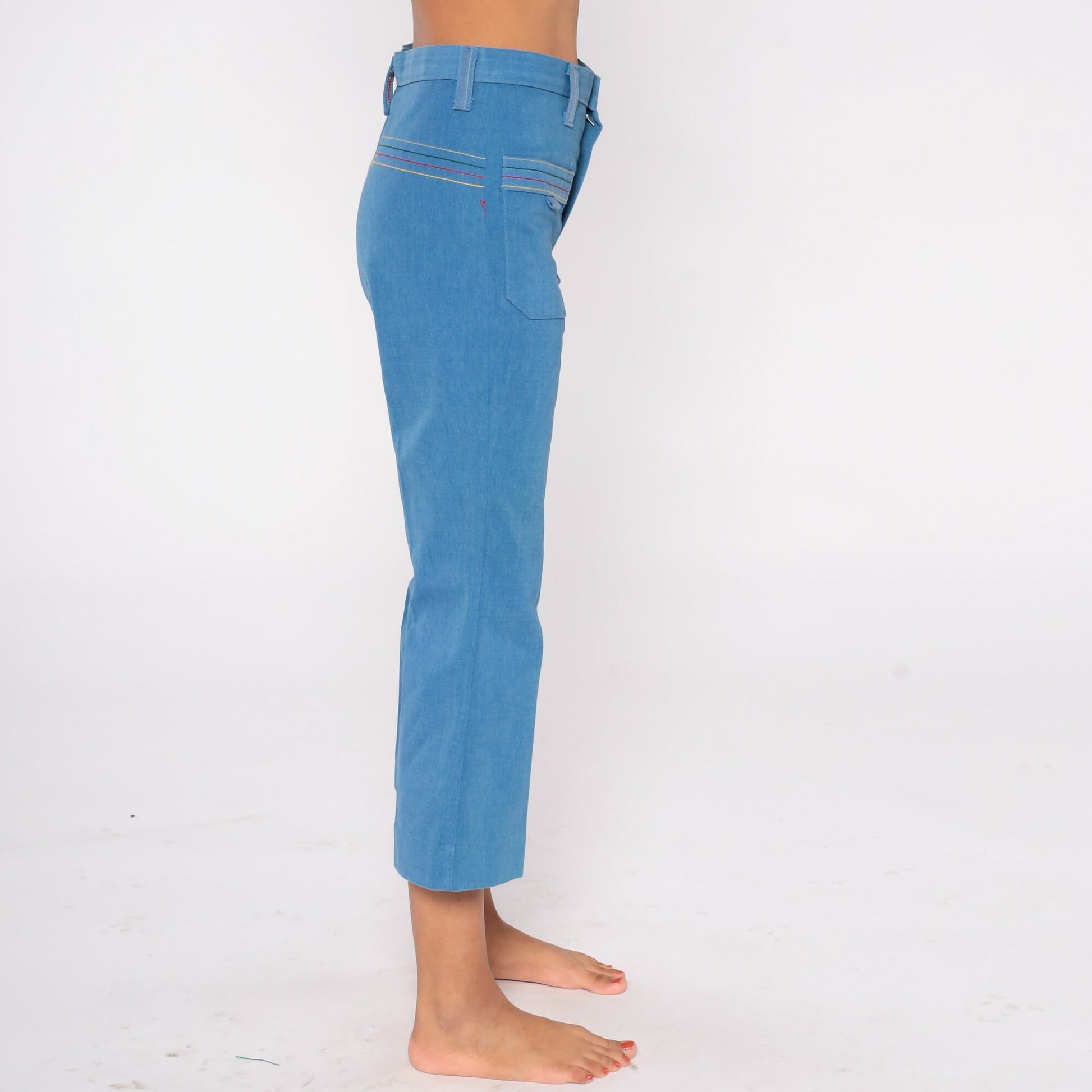 70s High Waisted Bell Bottom Jeans Cropped Flare Denim Blue Extra Small