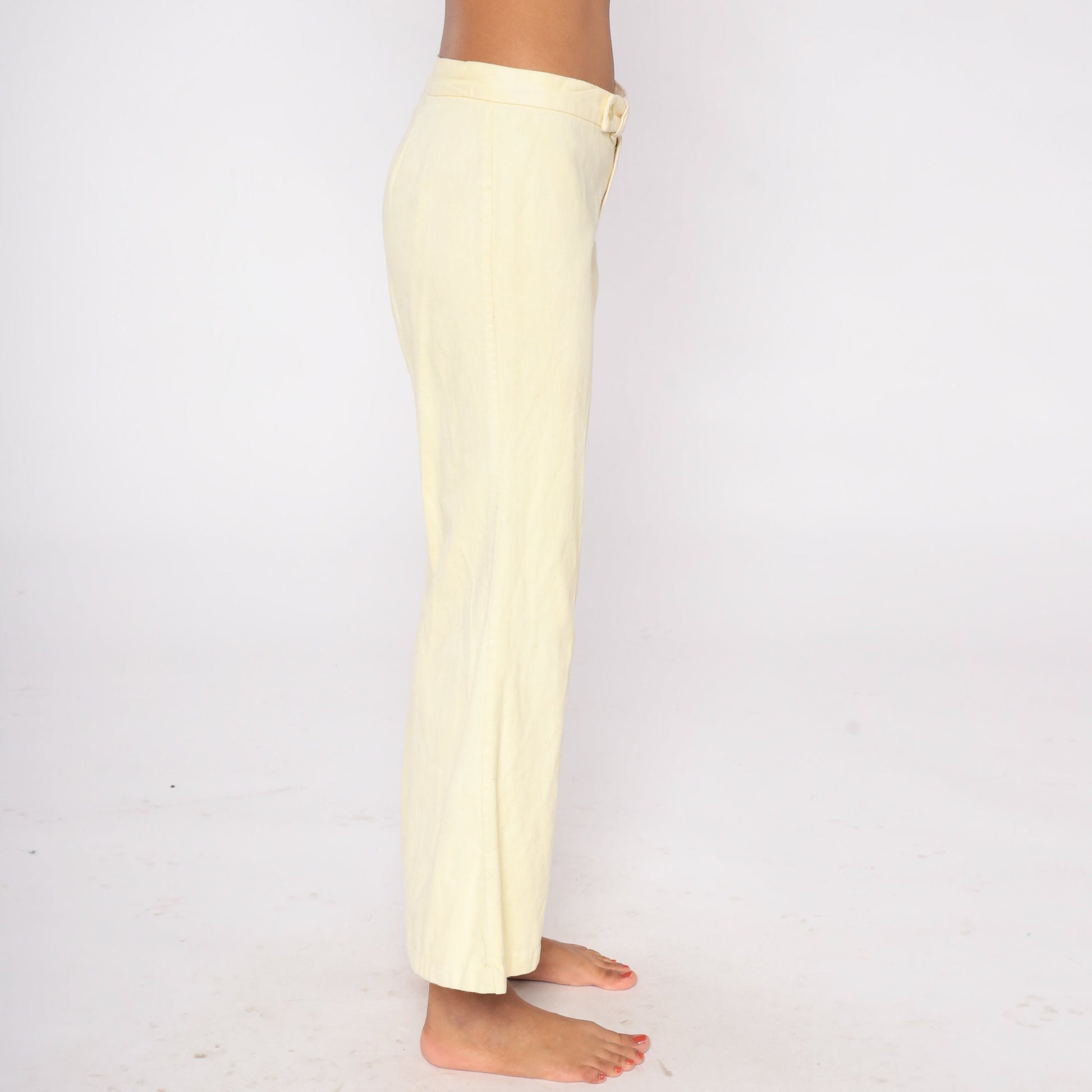 70s Pale Yellow Bell Bottom Flare Pants Low Rise Cotton Extra Small