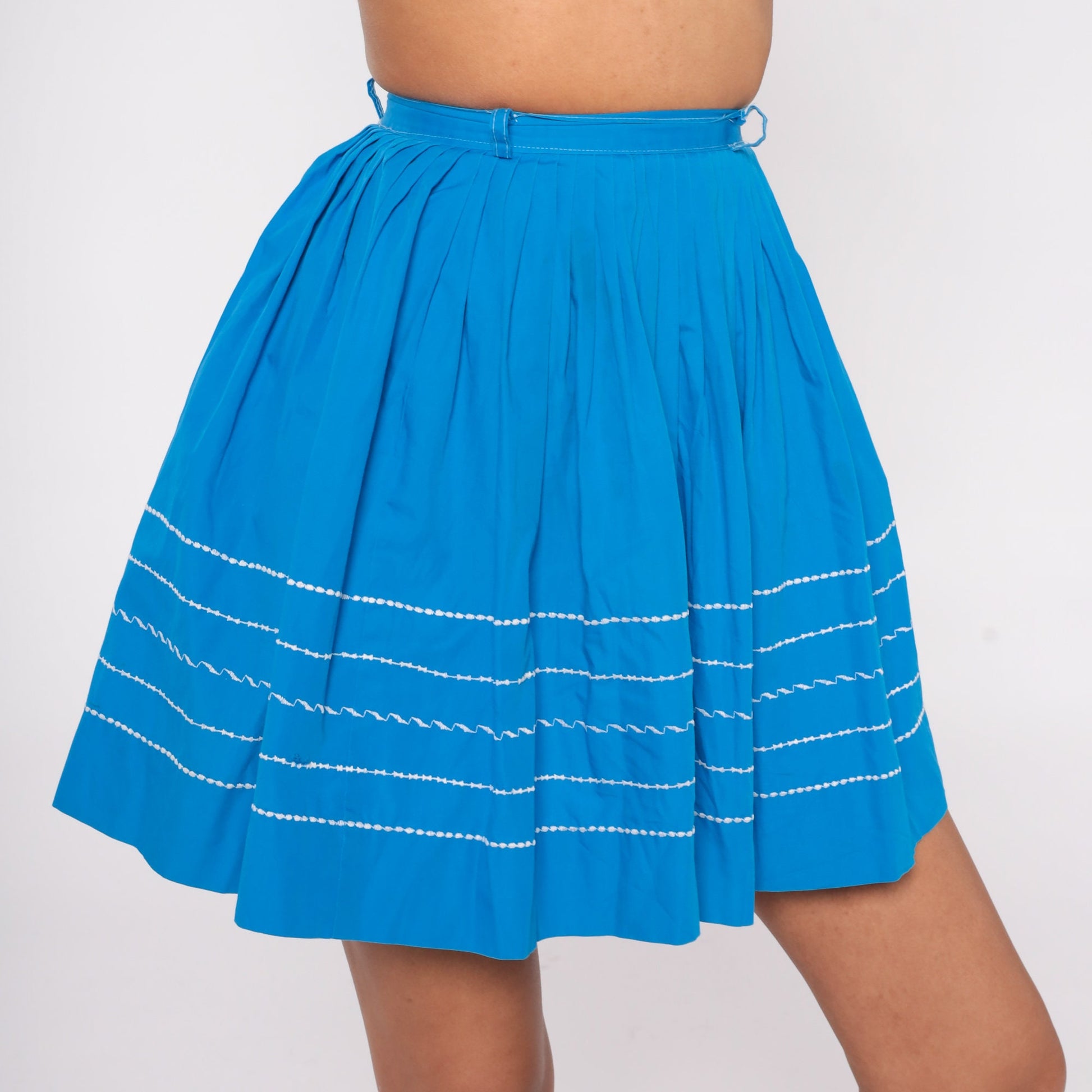 60s Blue Striped Pleated Mini Skirt High Waist Cotton 2XS