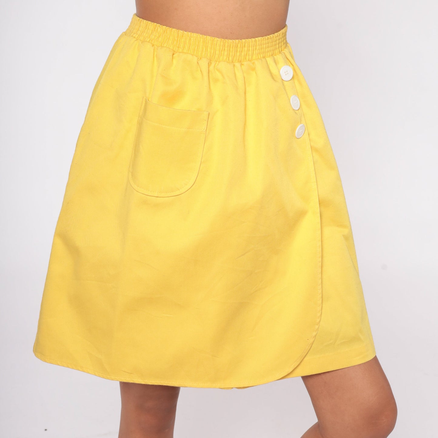 80s Yellow Mini Skirt Tulip Hem High Waist Elastic Pocket Medium M